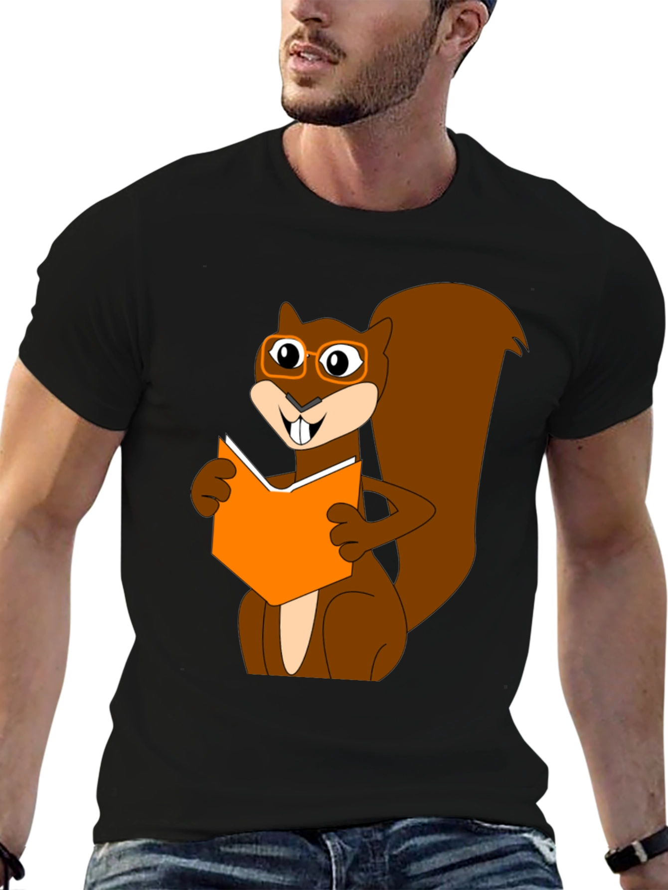 Reading Squirrel Graphic T-Shirt - Black Cotton Tee