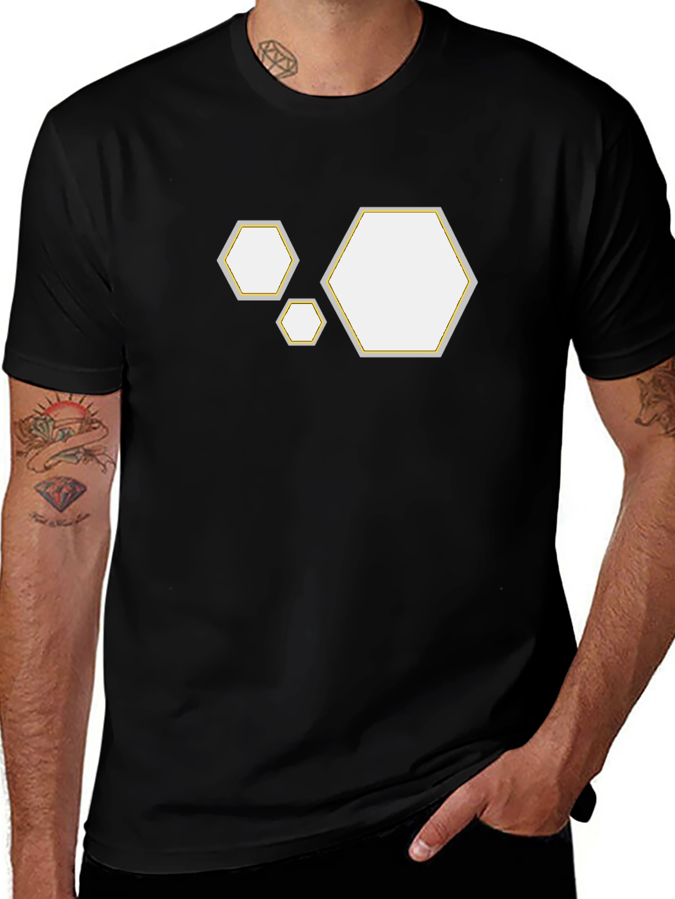 Geometric Hexagon Pattern Black T-Shirt