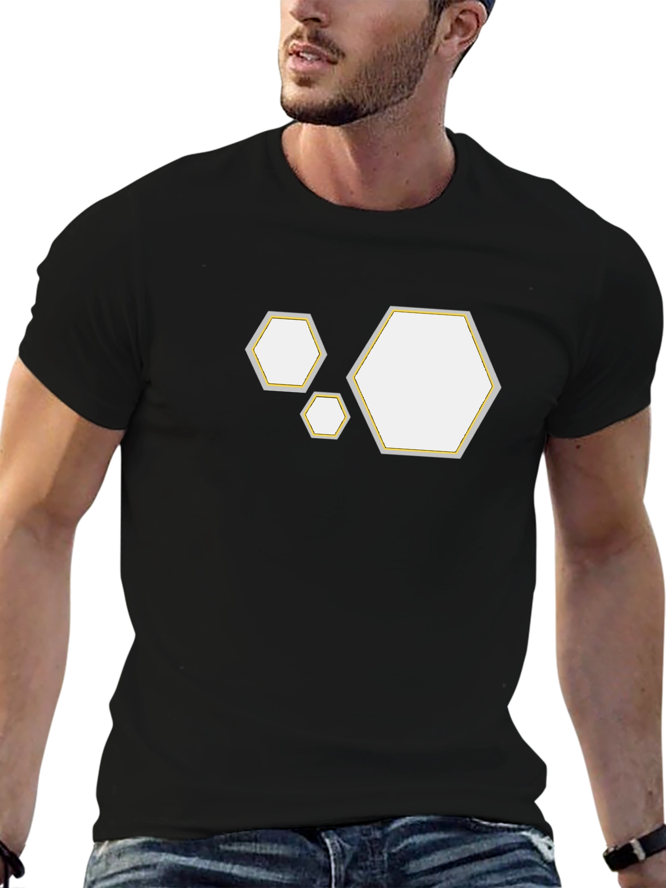 Geometric Hexagon Pattern Black T-Shirt