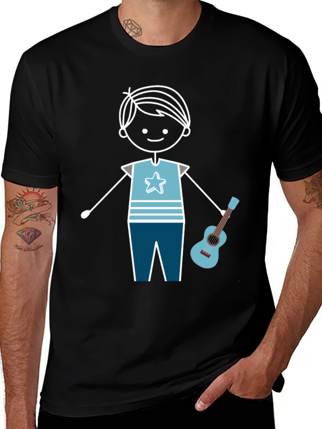 Cartoon Boy With Guitar Graphic T-Shirt