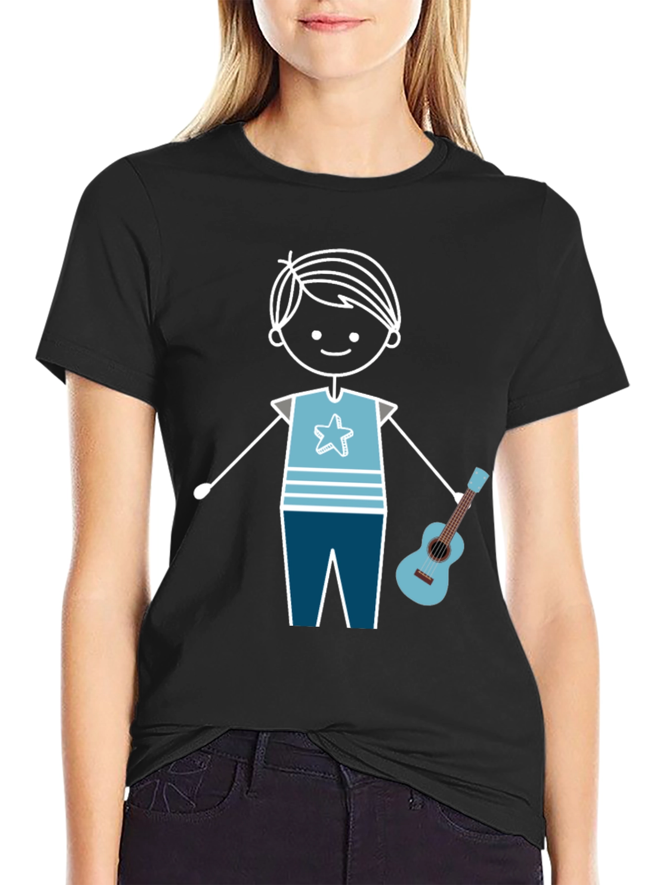 Cartoon Boy With Guitar Graphic T-Shirt
