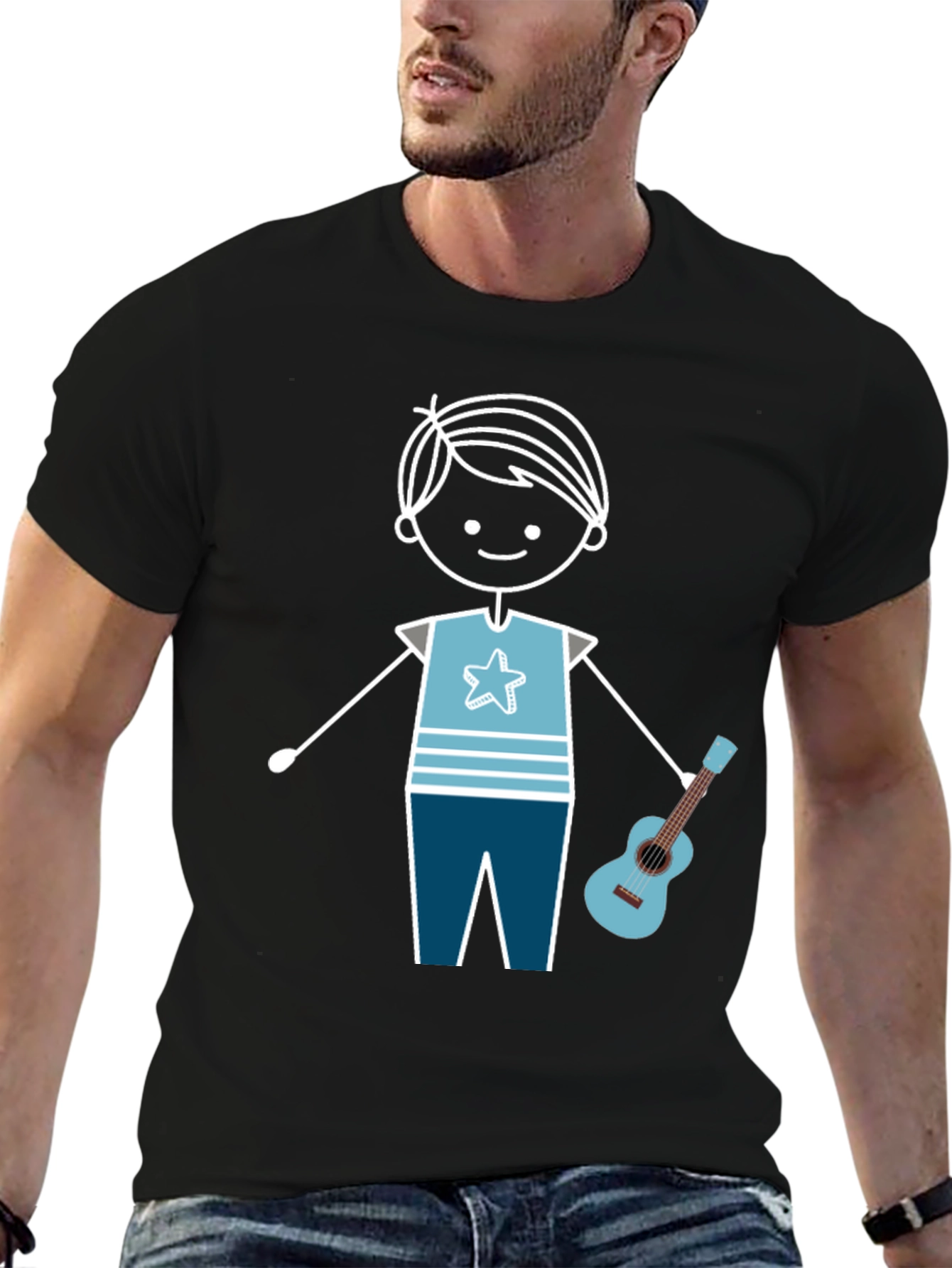 Cartoon Boy With Guitar Graphic T-Shirt