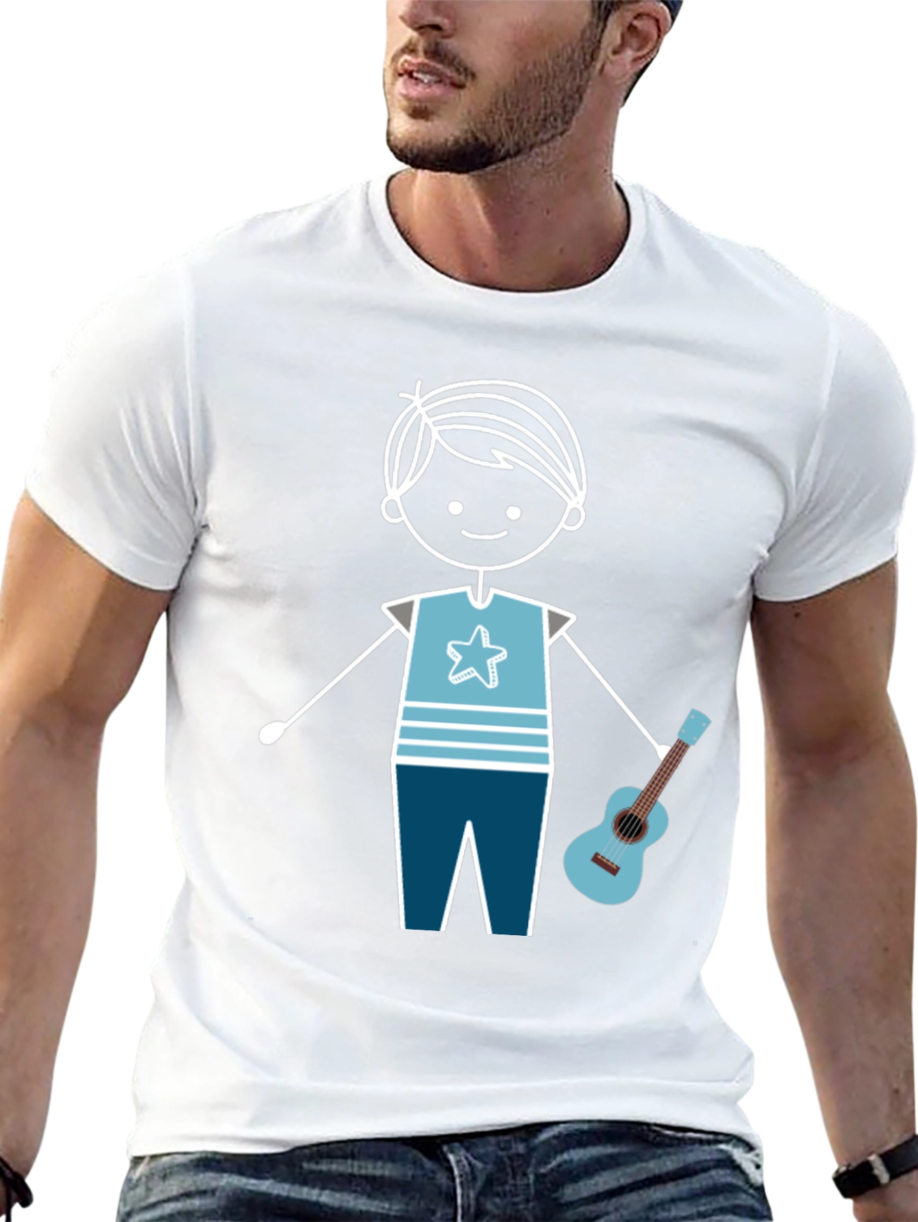 Cartoon Boy With Guitar Graphic T-Shirt