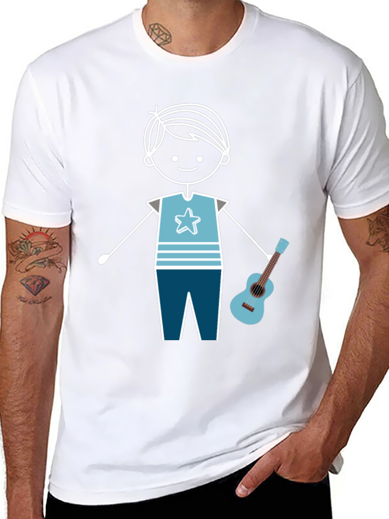 Cartoon Boy With Guitar Graphic T-Shirt