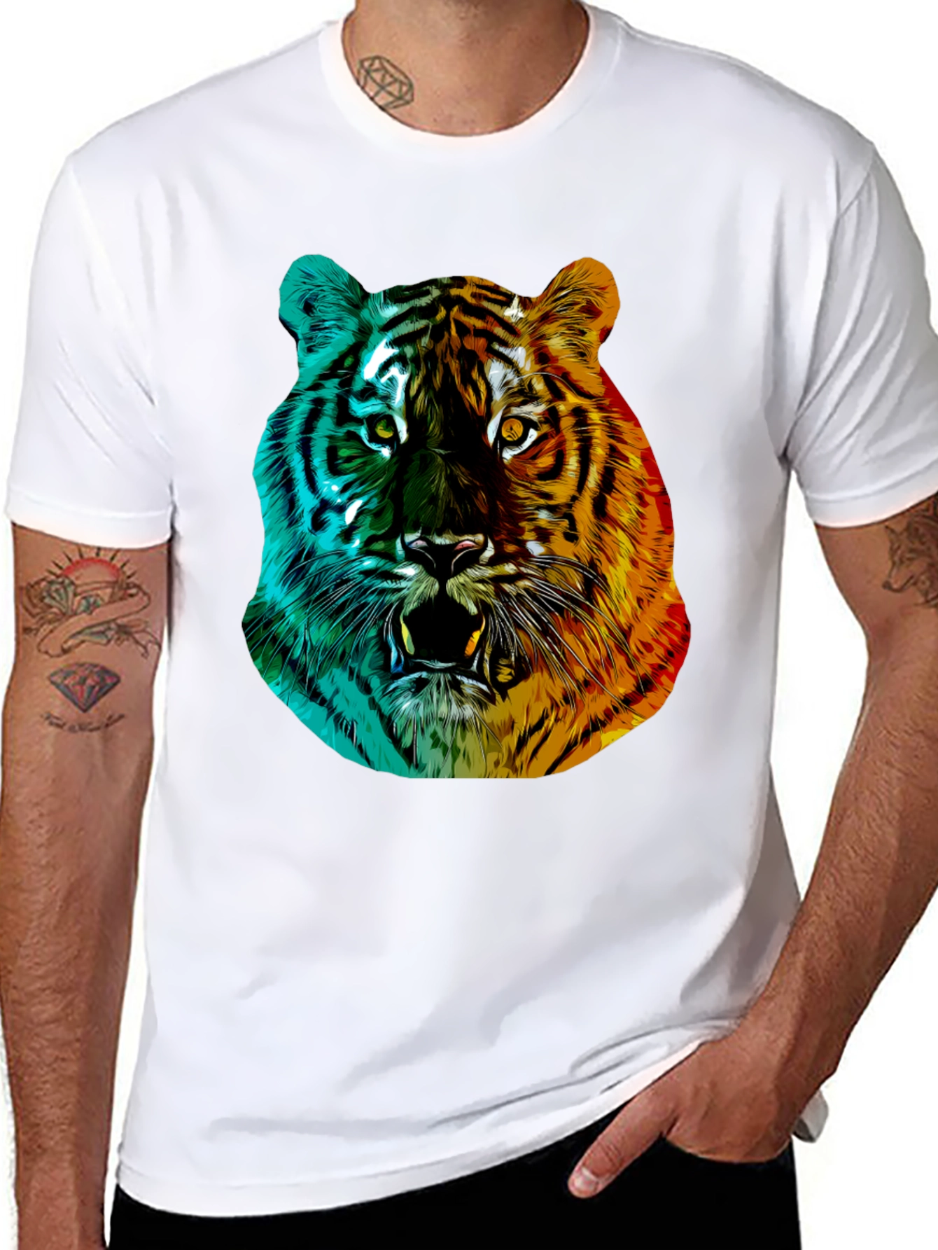 Vibrant Tiger Graphic Tee - Black Crew Neck
