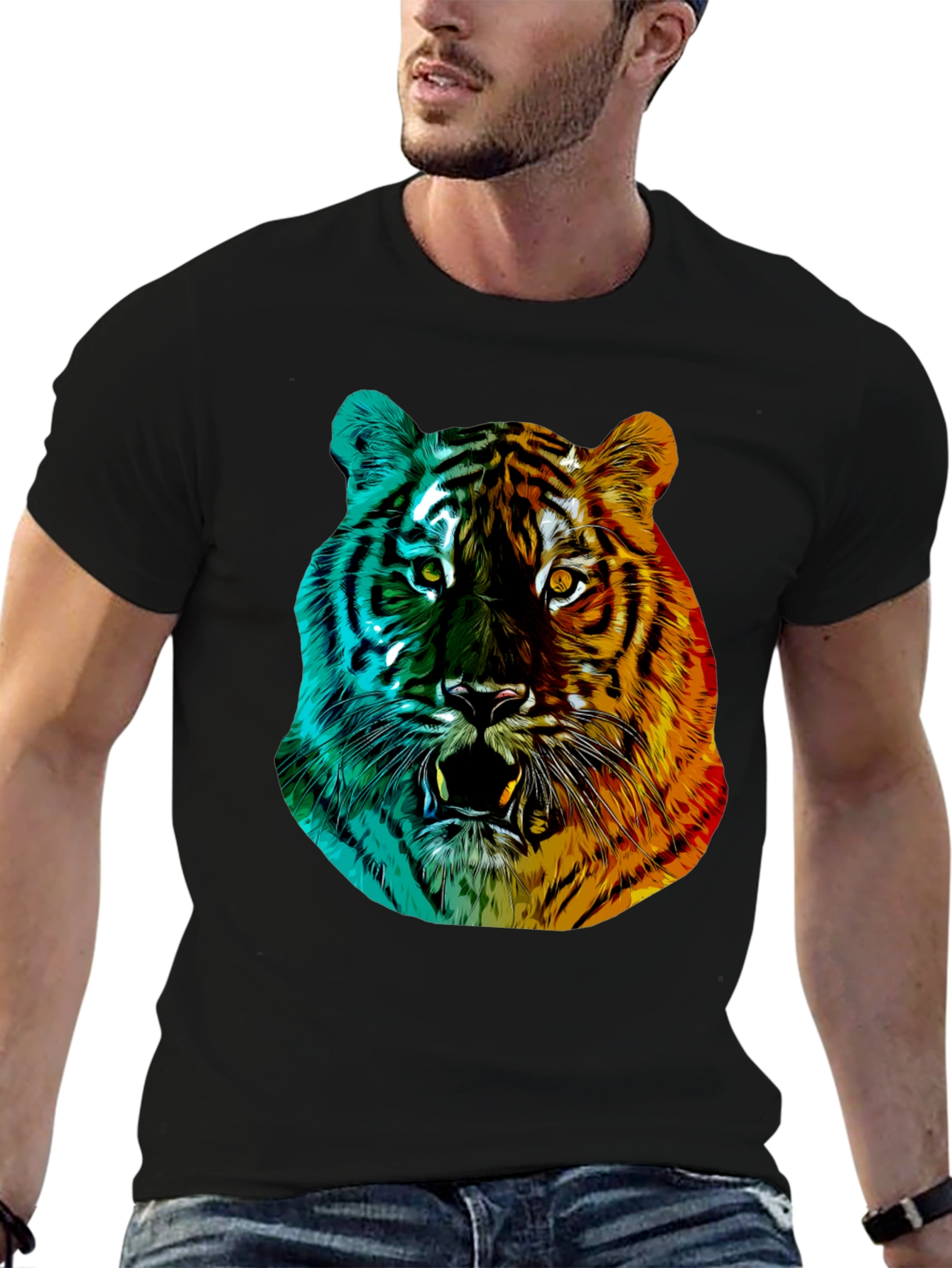 Vibrant Tiger Graphic Tee - Black Crew Neck