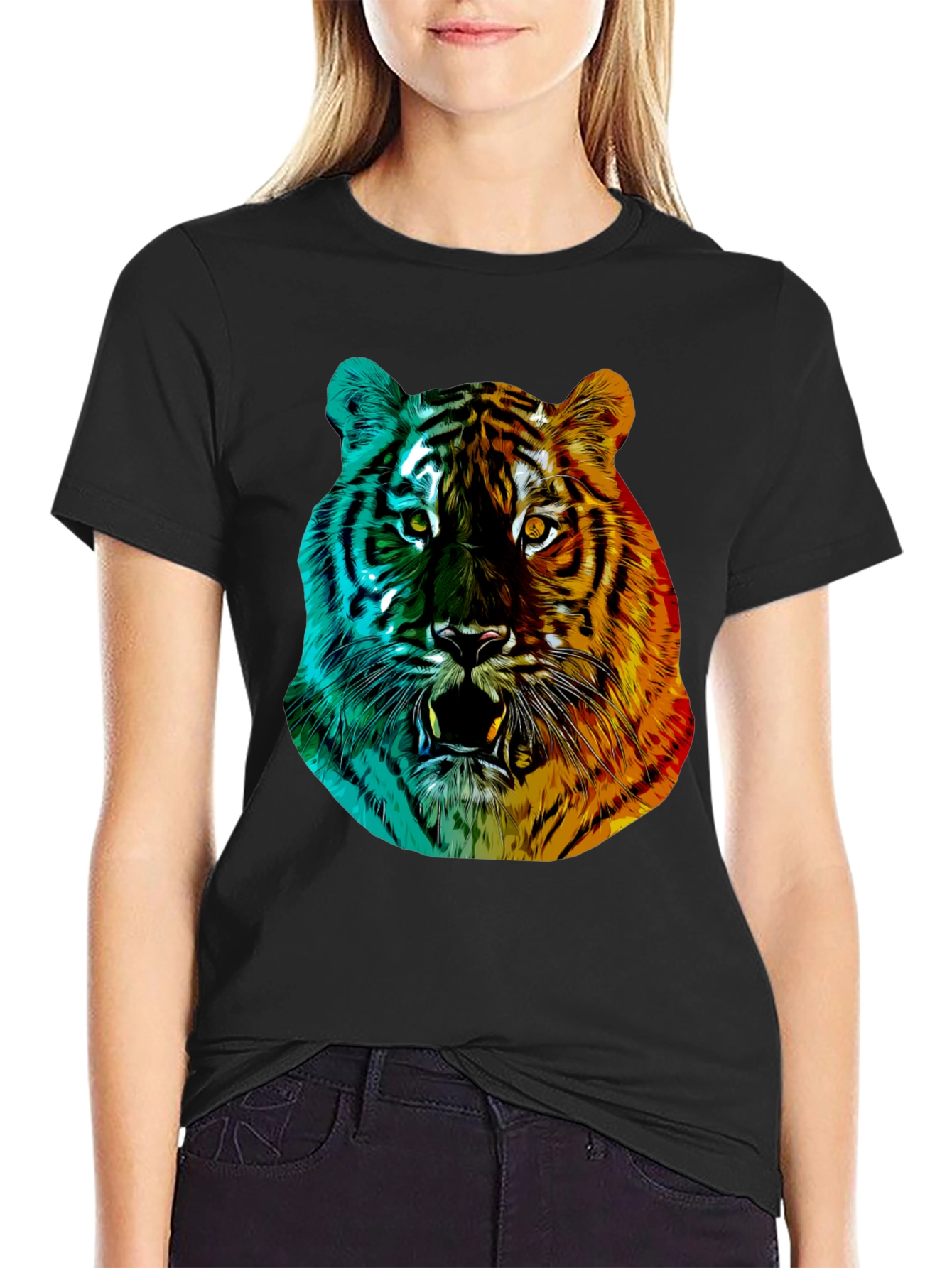 Vibrant Tiger Graphic Tee - Black Crew Neck
