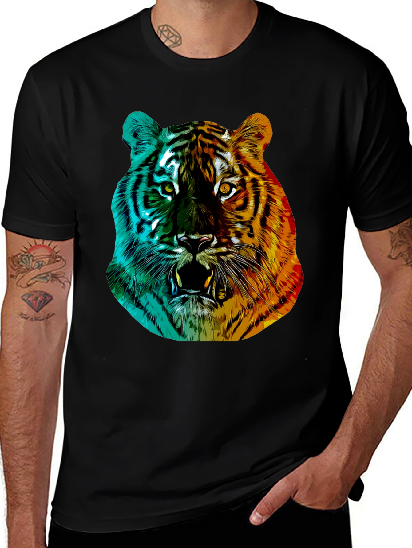 Vibrant Tiger Graphic Tee - Black Crew Neck
