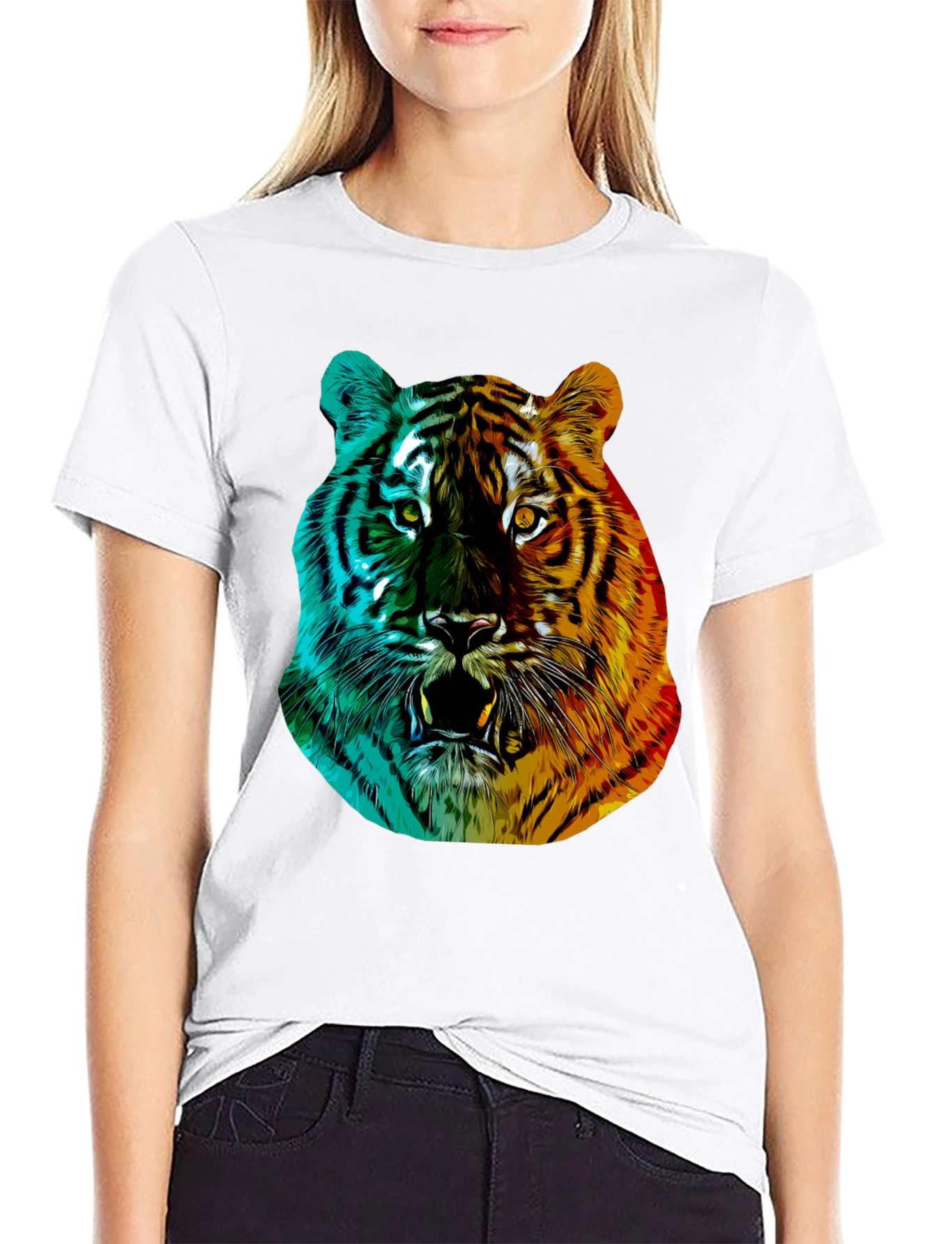 Vibrant Tiger Graphic Tee - Black Crew Neck