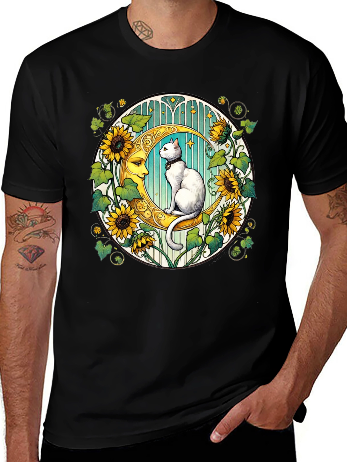 Cat on Moon Sunflower Graphic Tee