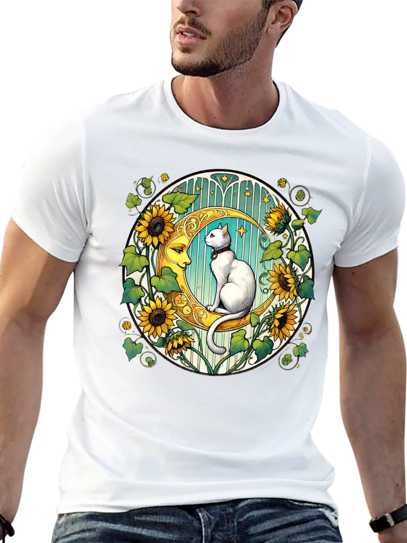 Cat on Moon Sunflower Graphic Tee