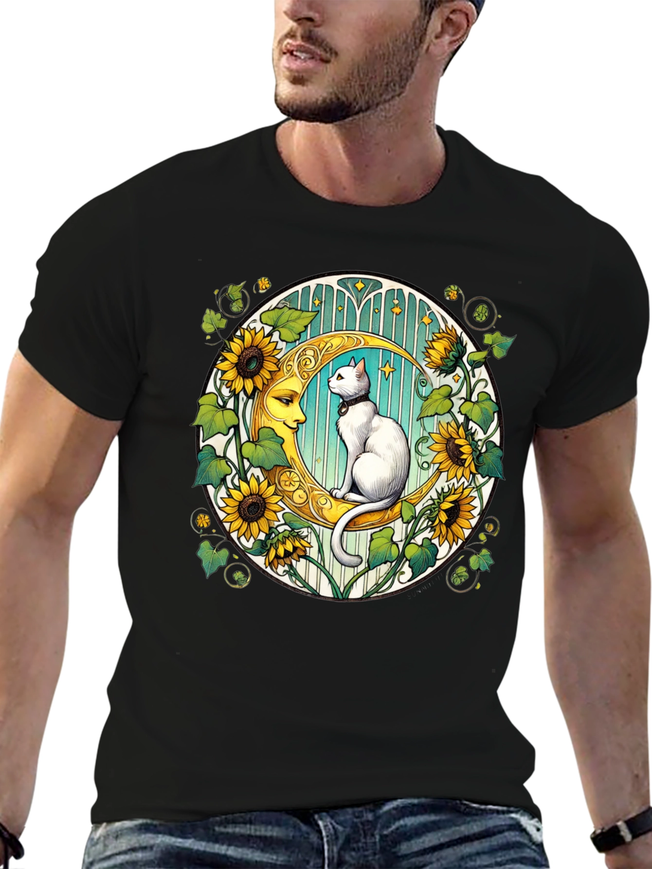 Cat on Moon Sunflower Graphic Tee