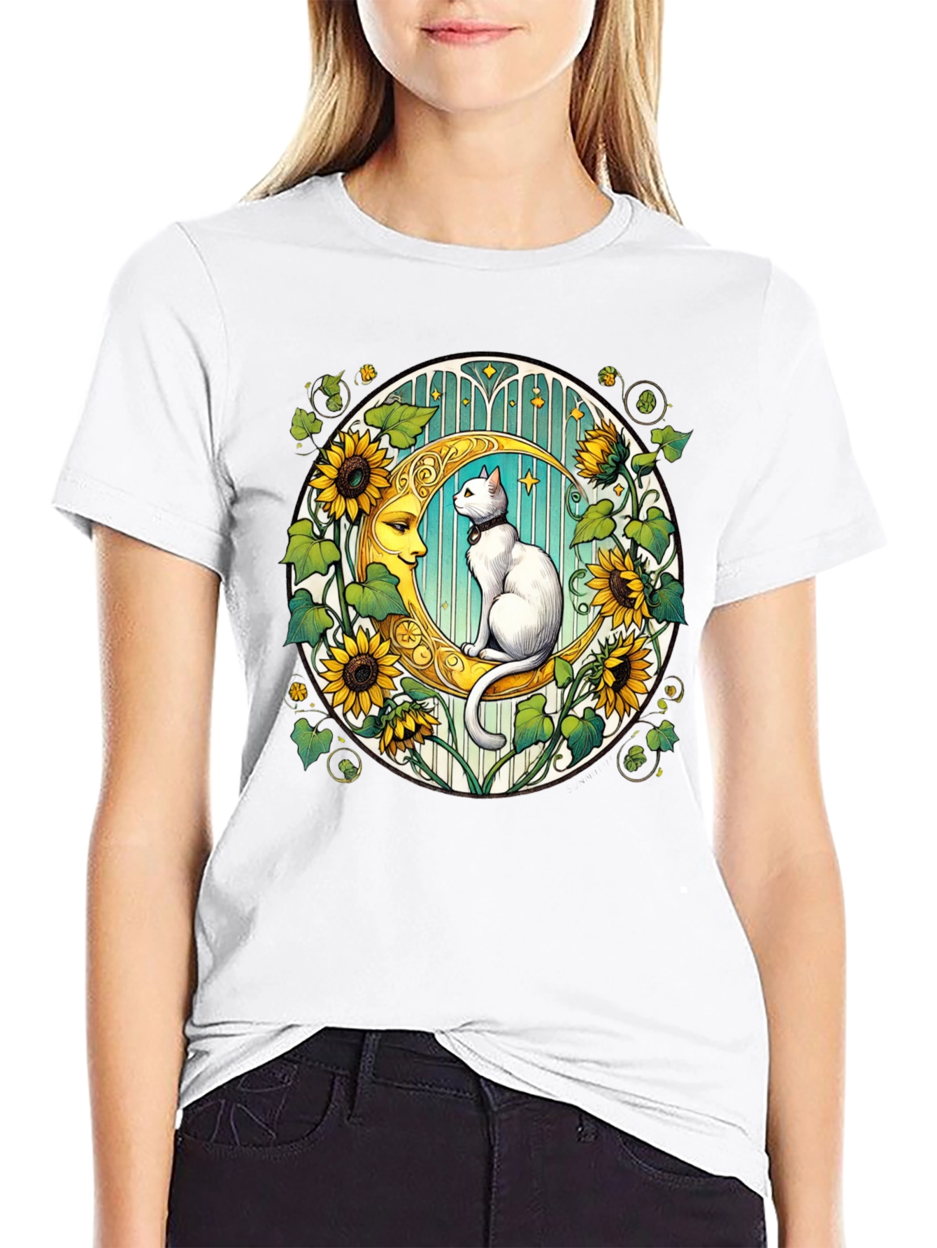 Cat on Moon Sunflower Graphic Tee