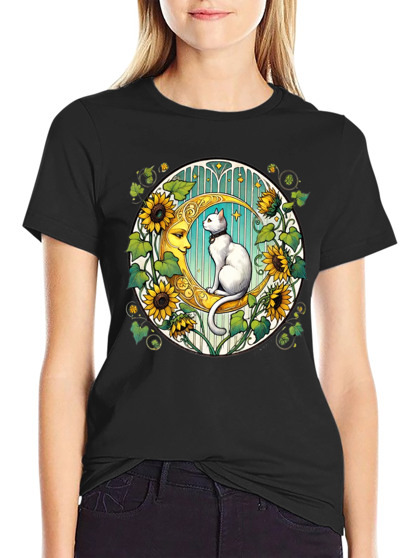 Cat on Moon Sunflower Graphic Tee