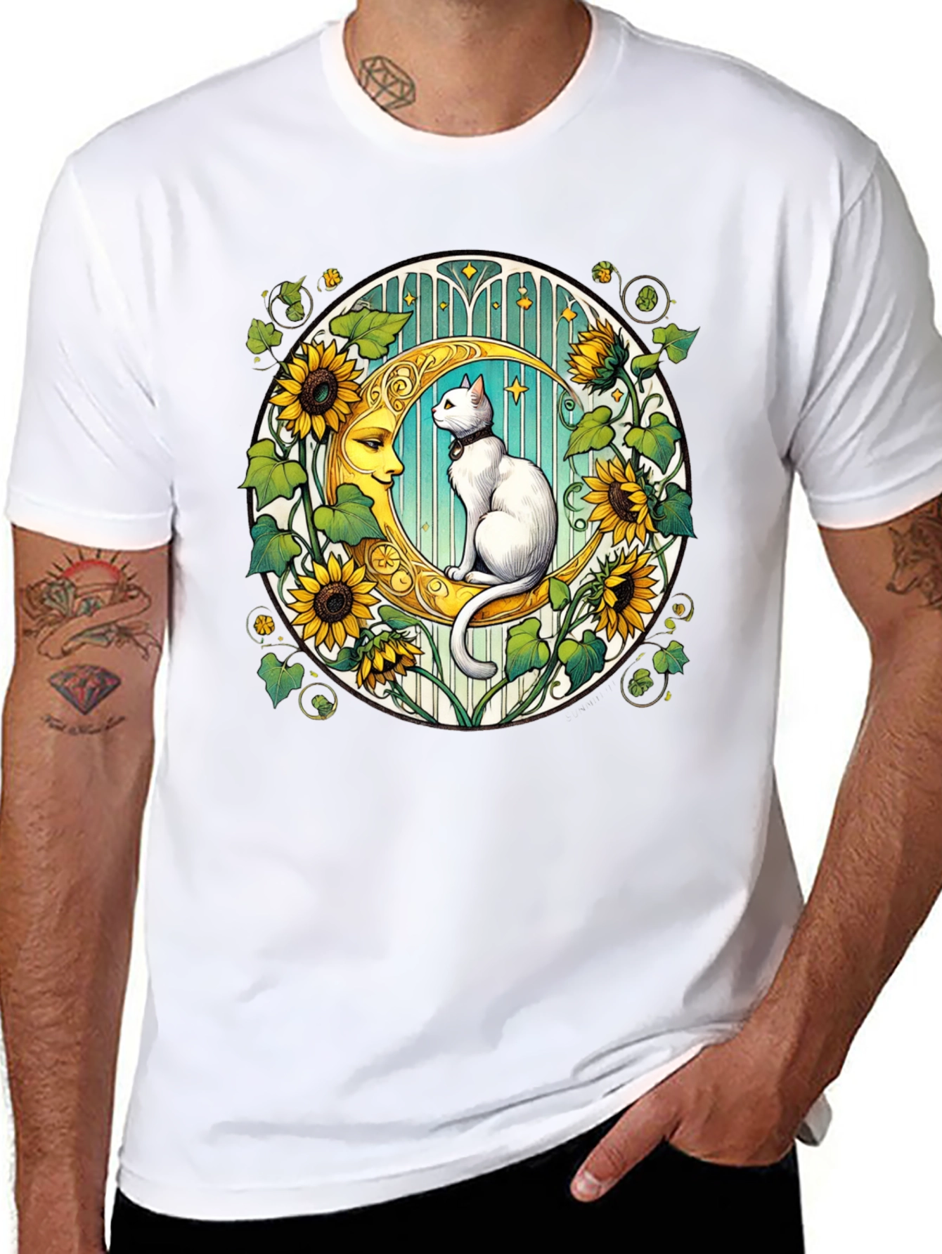 Cat on Moon Sunflower Graphic Tee
