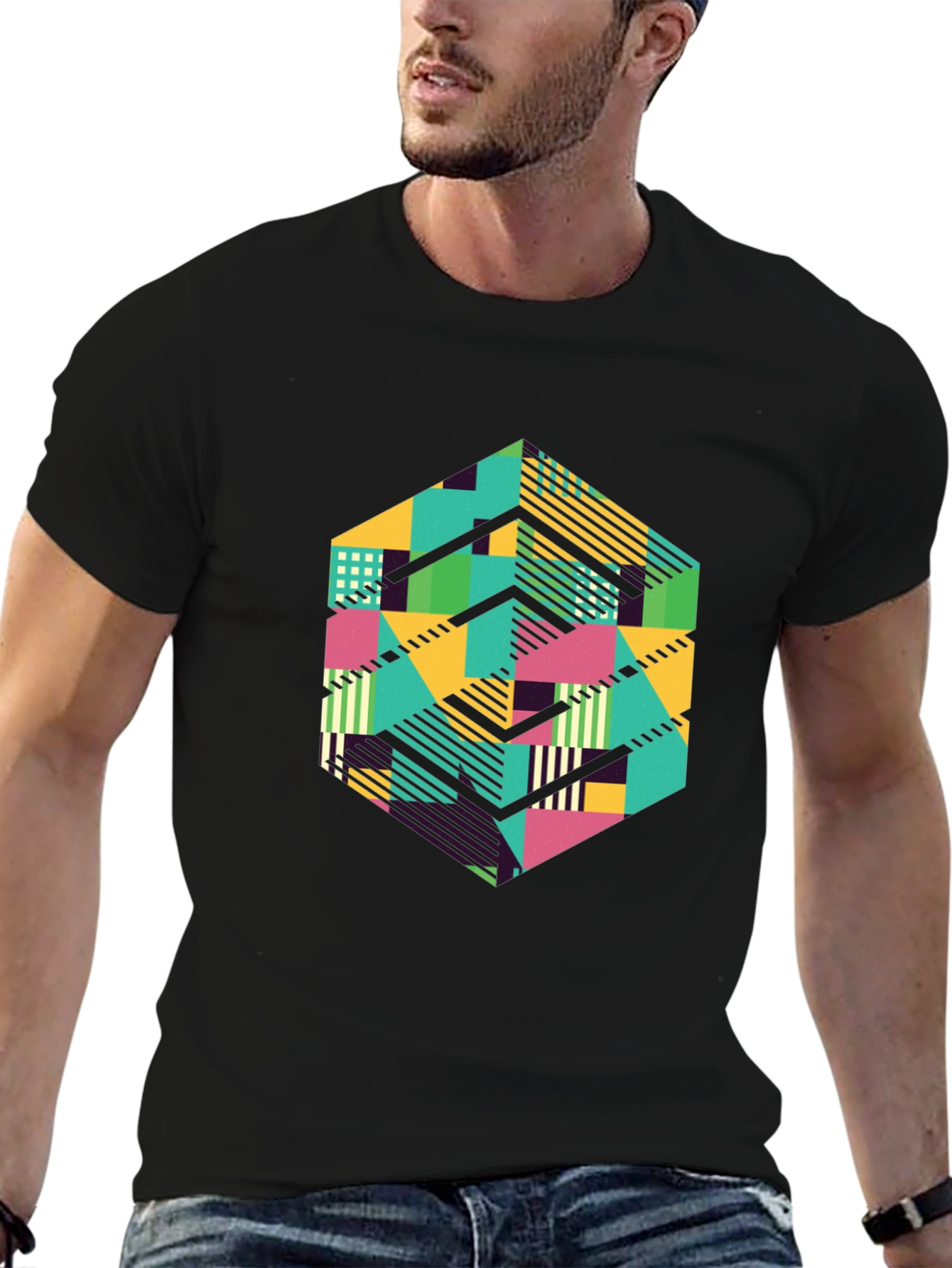 Geometric Patterned Black T-Shirt