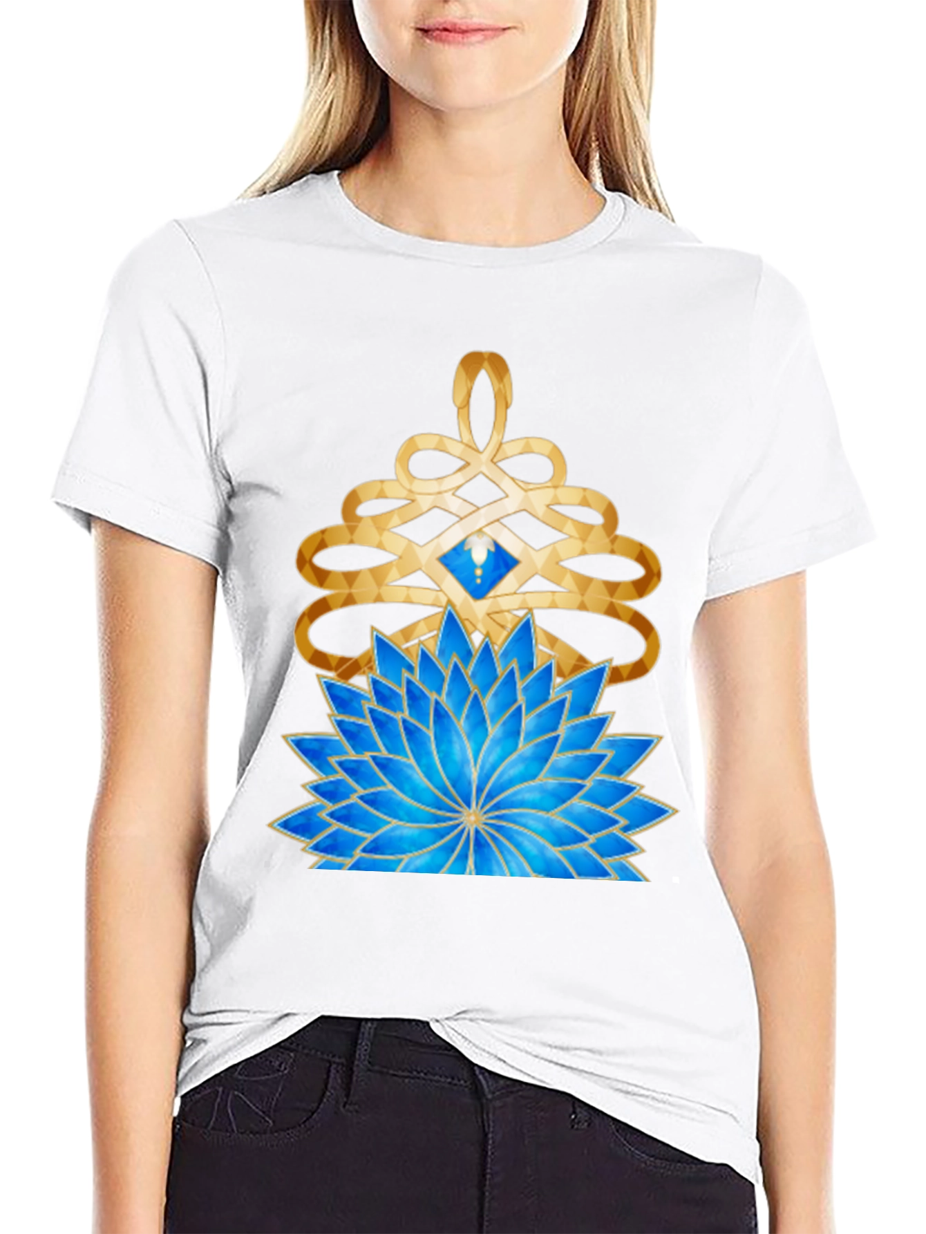 Mystic Lotus Graphic Tee - Gold & Blue Design