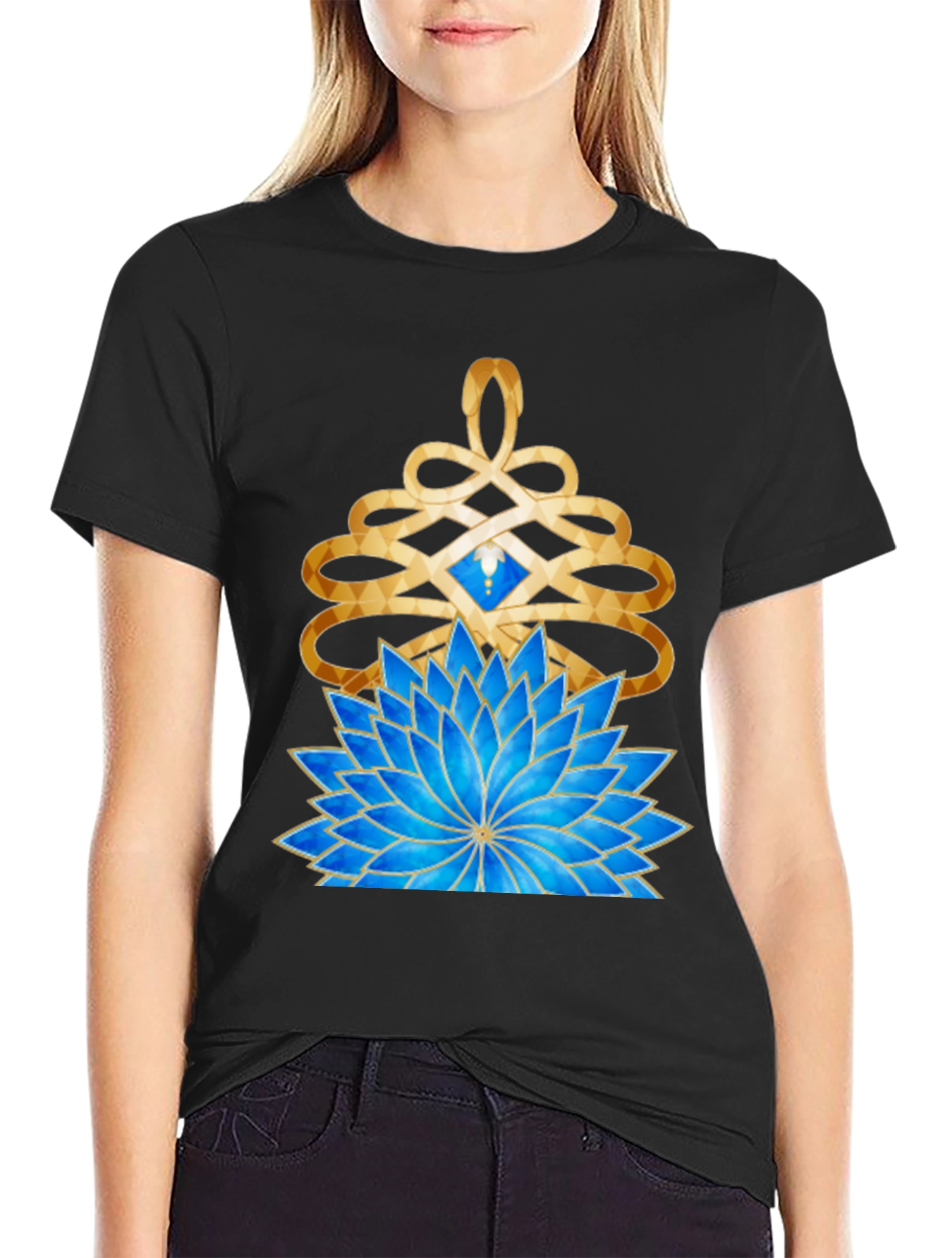 Mystic Lotus Graphic Tee - Gold & Blue Design