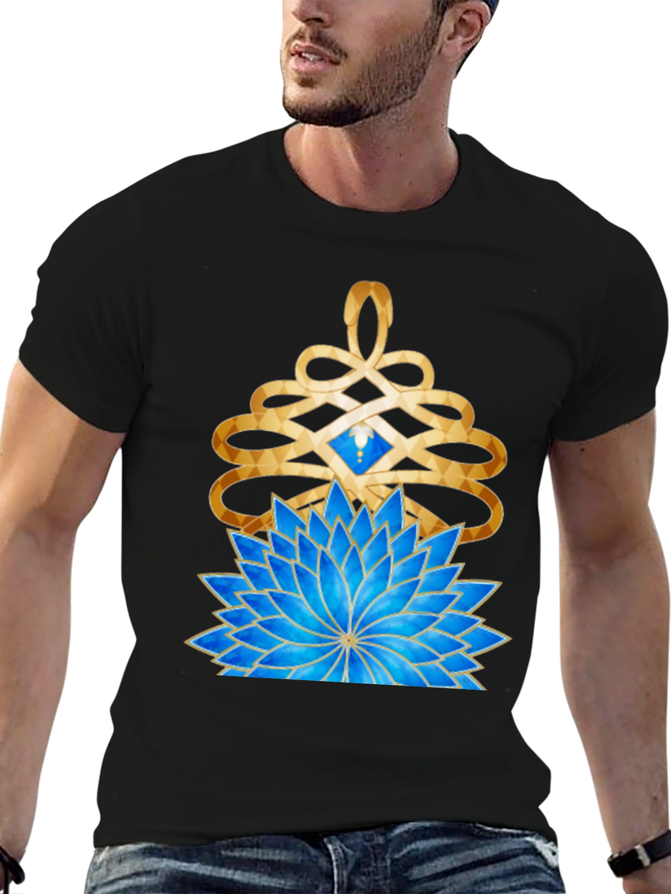 Mystic Lotus Graphic Tee - Gold & Blue Design