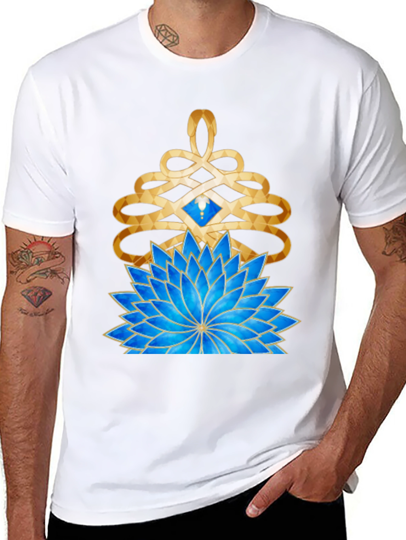Mystic Lotus Graphic Tee - Gold & Blue Design