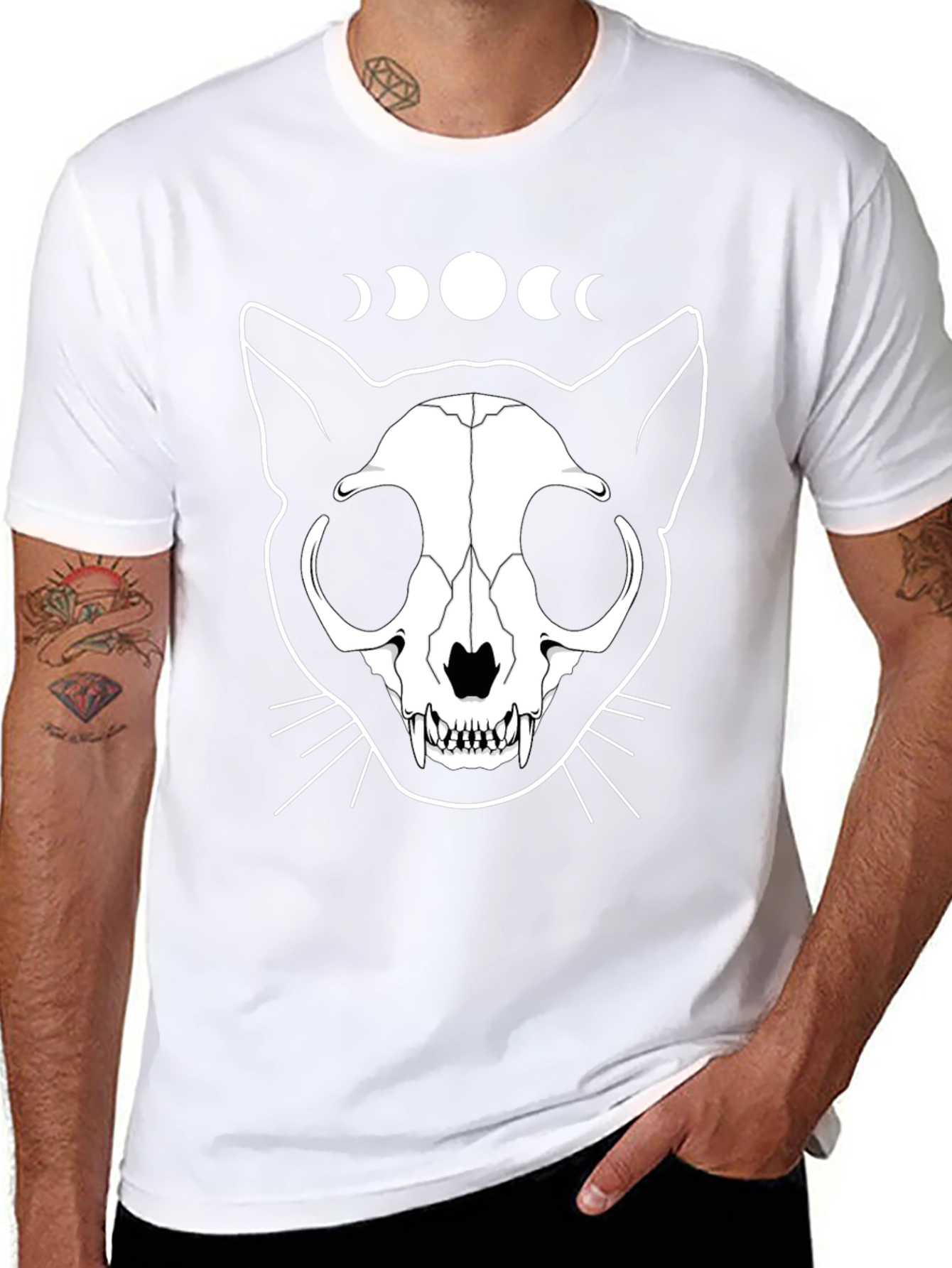 Cat Skull Moon Phase Graphic Tee - Black