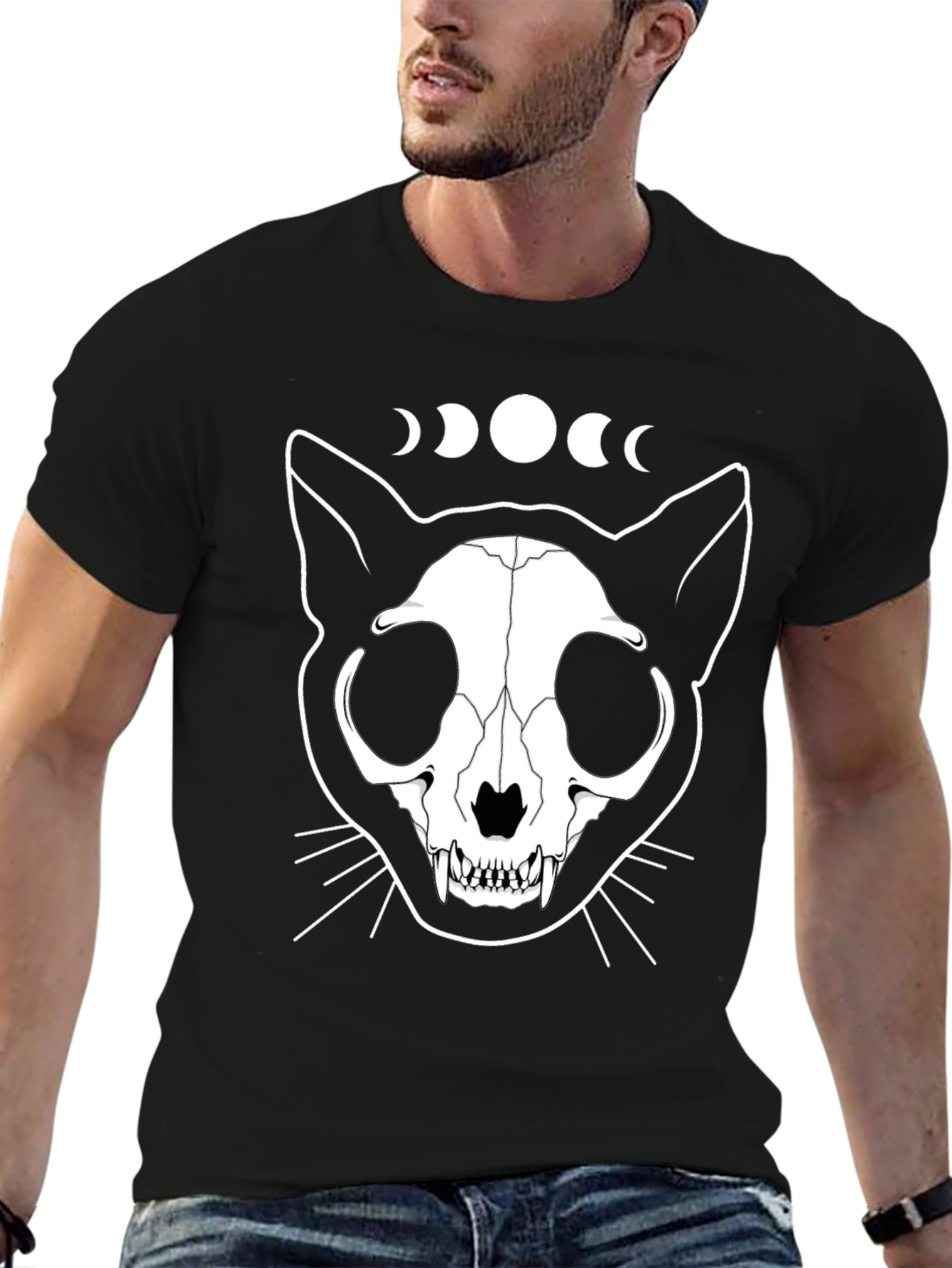 Cat Skull Moon Phase Graphic Tee - Black