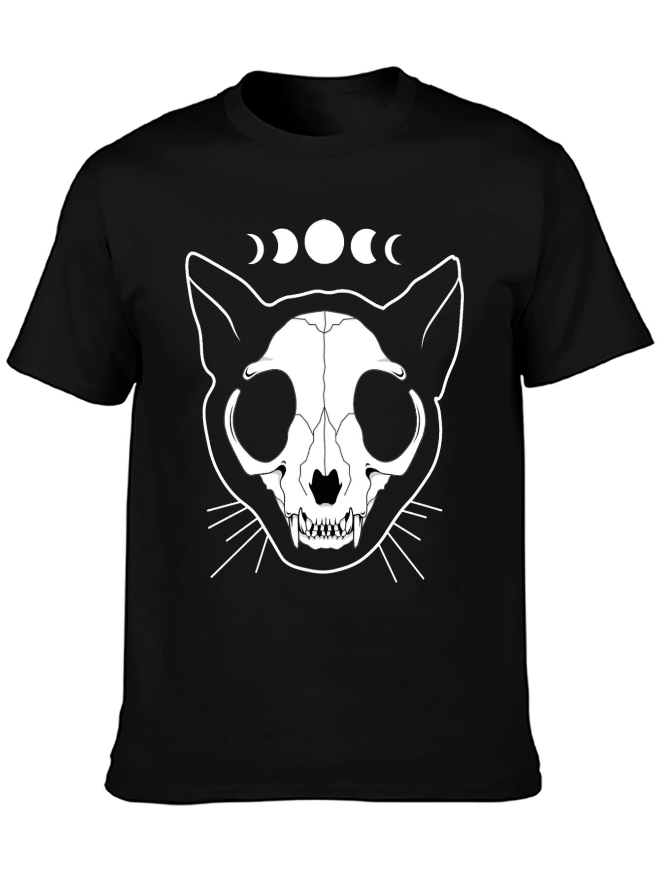 Cat Skull Moon Phase Graphic Tee - Black