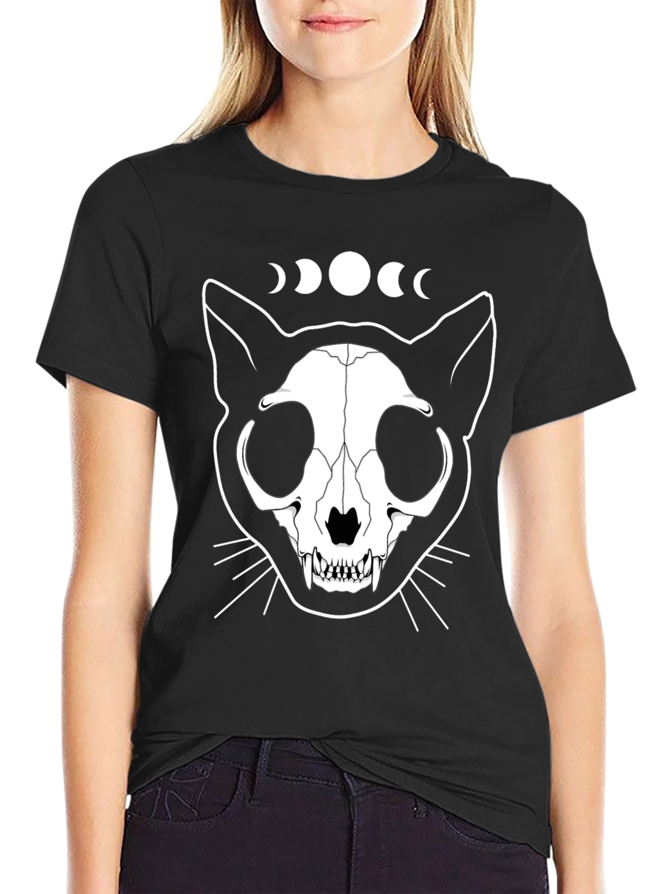 Cat Skull Moon Phase Graphic Tee - Black