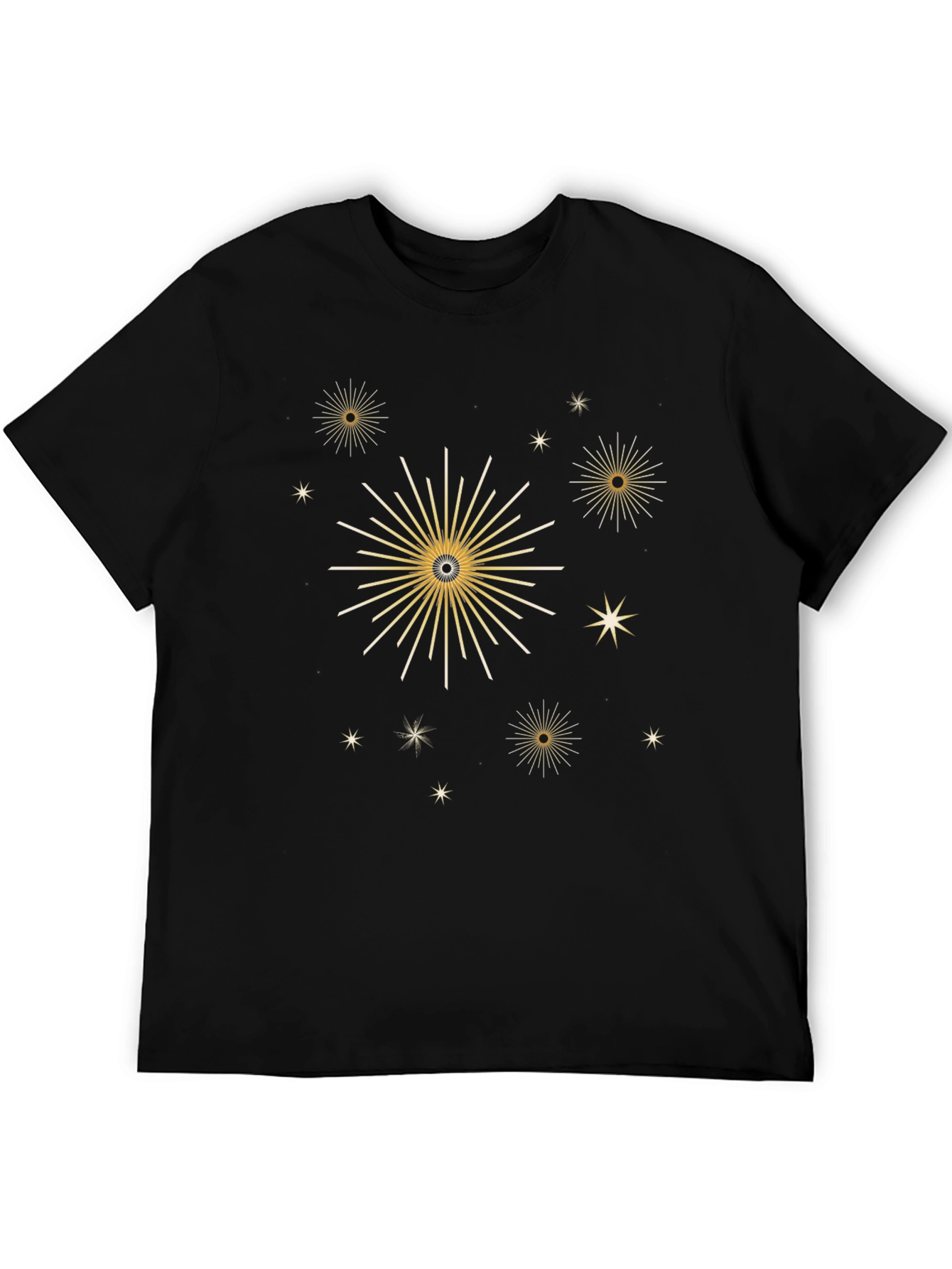 Stylish Black Tee with Gold Celestial Starburst Design