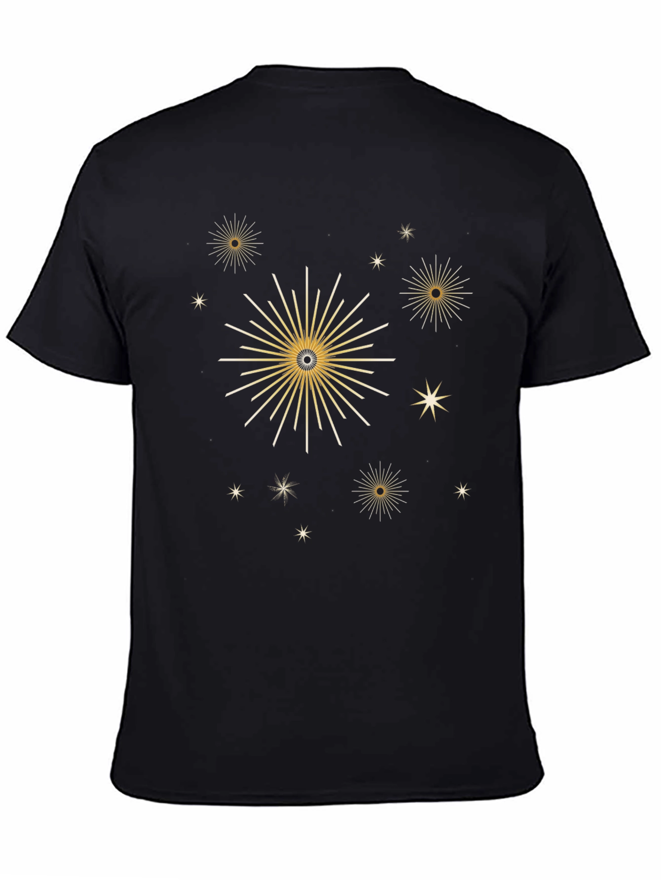 Stylish Black Tee with Gold Celestial Starburst Design