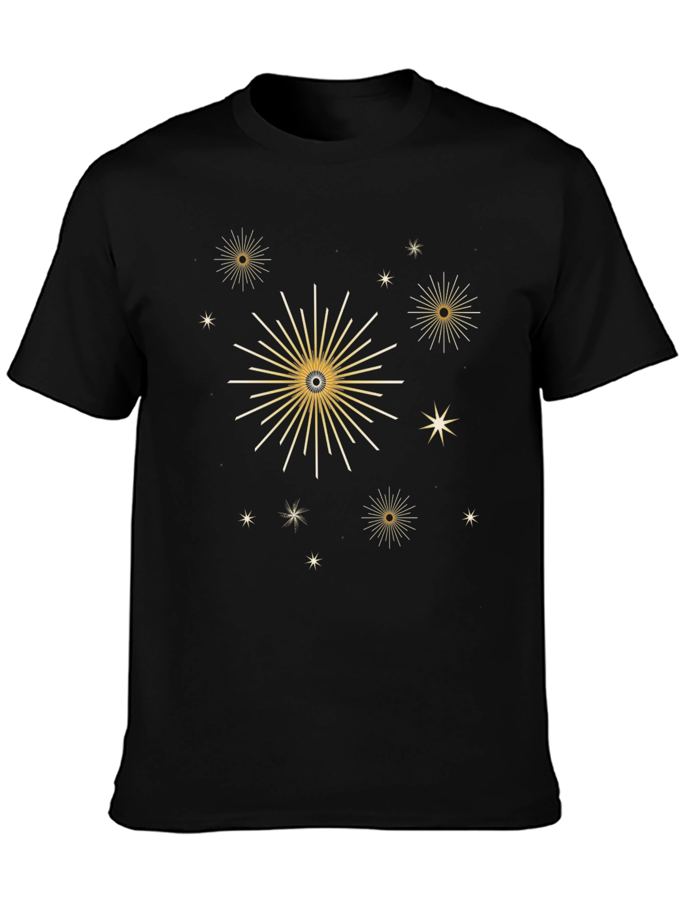 Stylish Black Tee with Gold Celestial Starburst Design