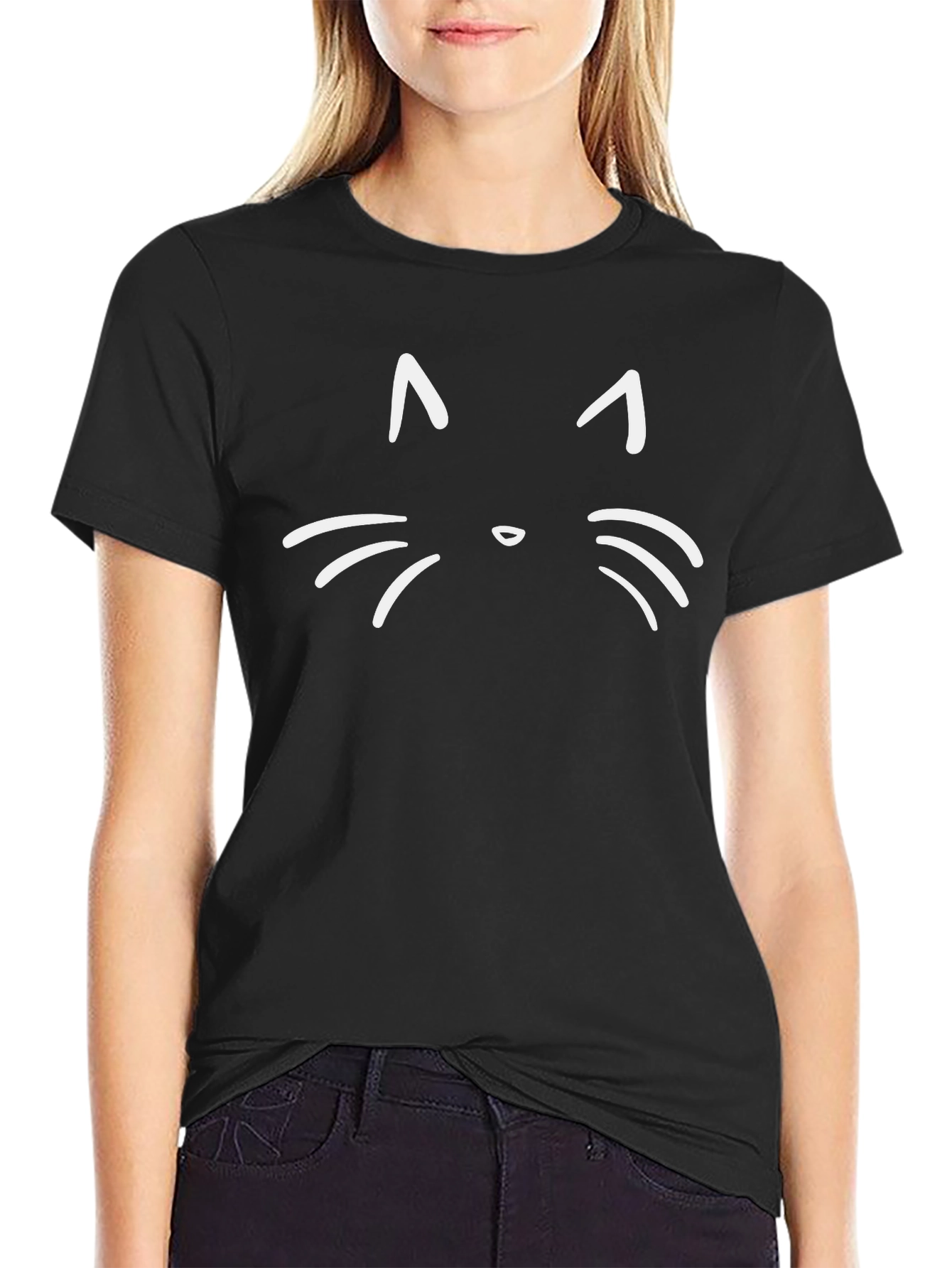 Cute Cat Face Graphic T-Shirt - Black