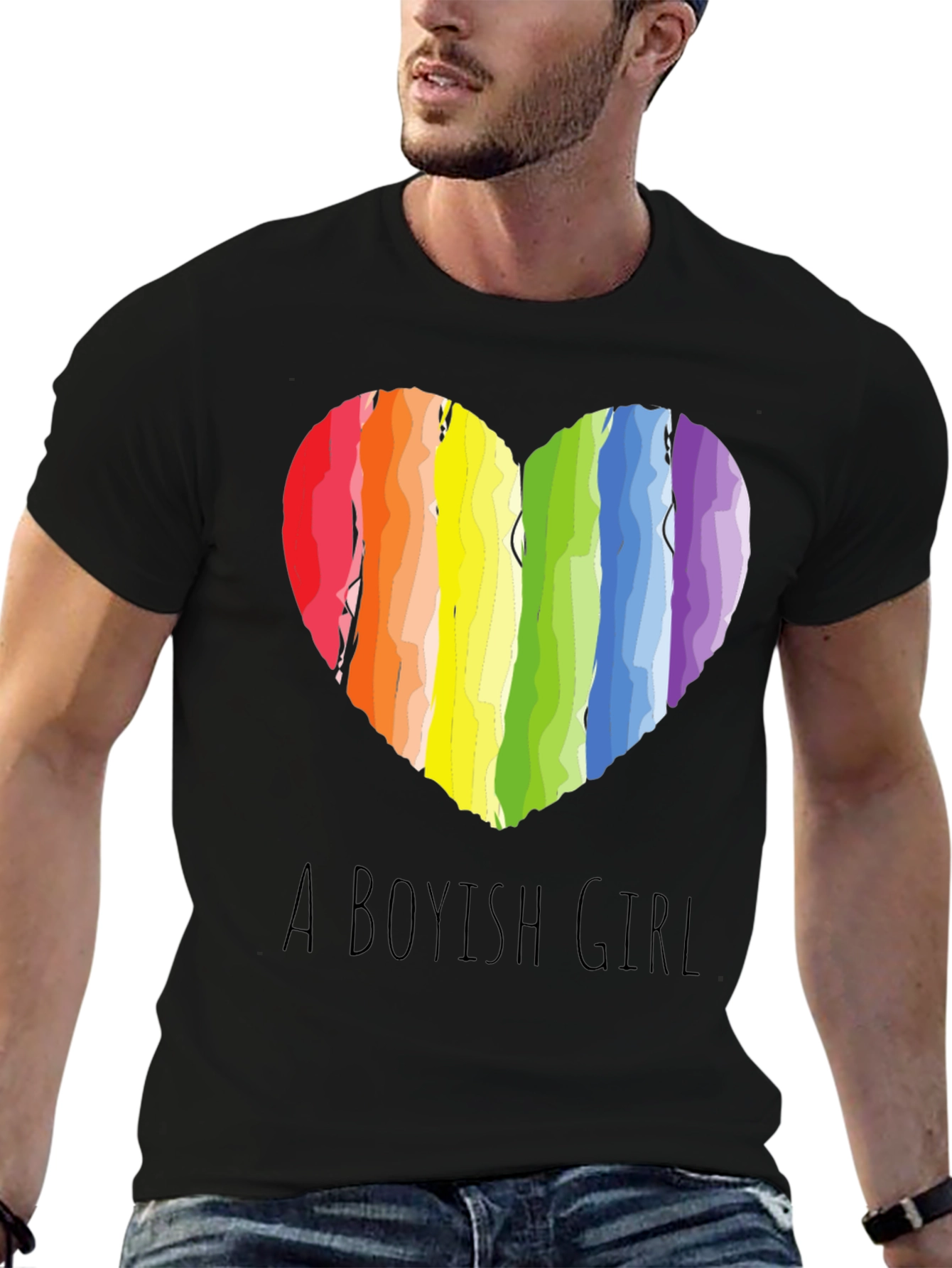 Boyish Girl Rainbow Heart Graphic Tee