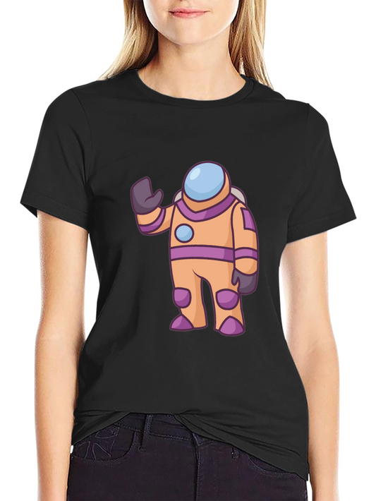 Astronaut Cartoon Graphic Tee - Black Cotton T-Shirt