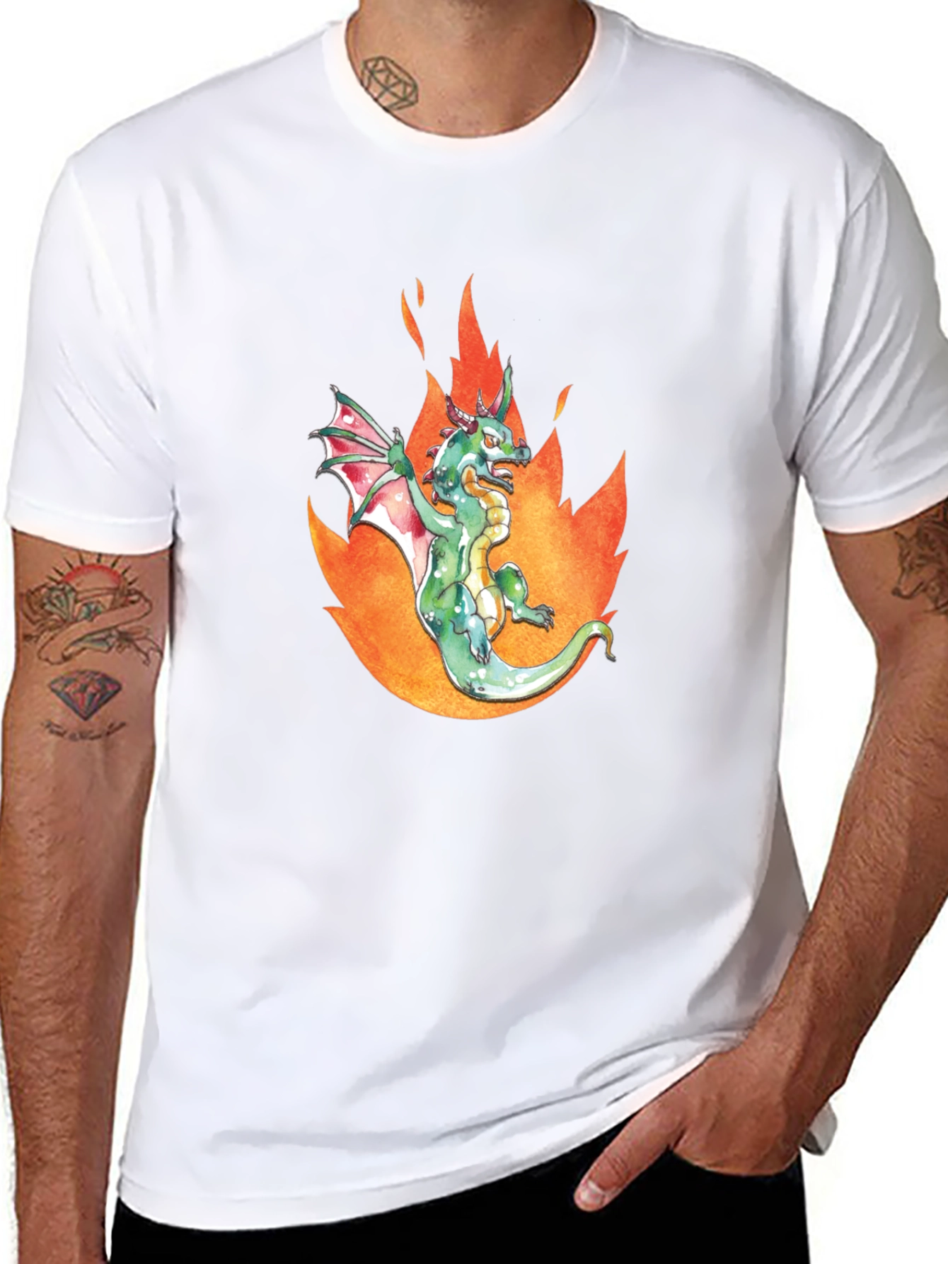 Dragon in Flames Graphic Tee - Black Cotton T-Shirt
