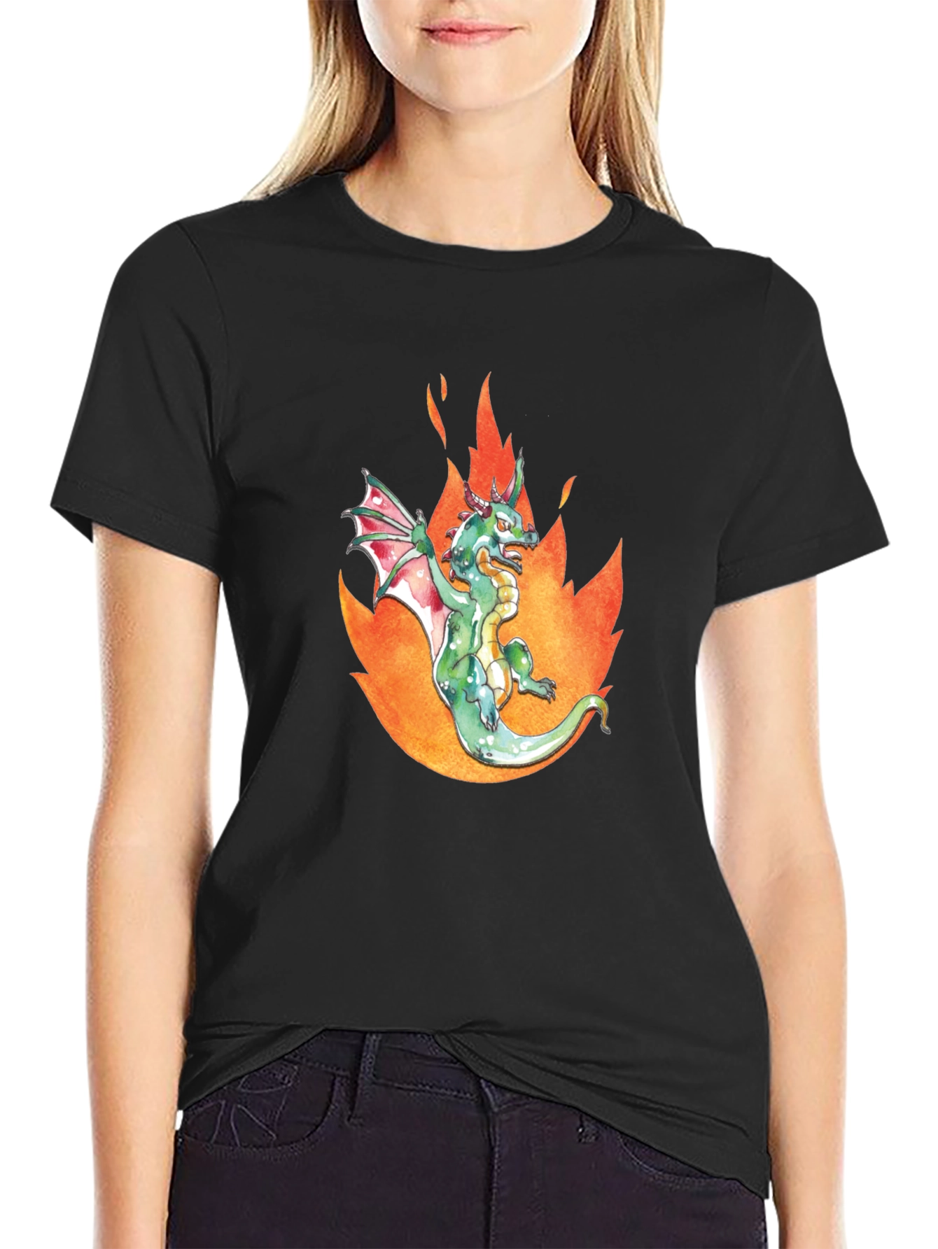 Dragon in Flames Graphic Tee - Black Cotton T-Shirt