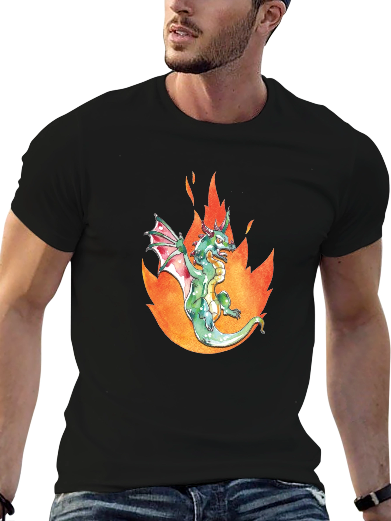 Dragon in Flames Graphic Tee - Black Cotton T-Shirt