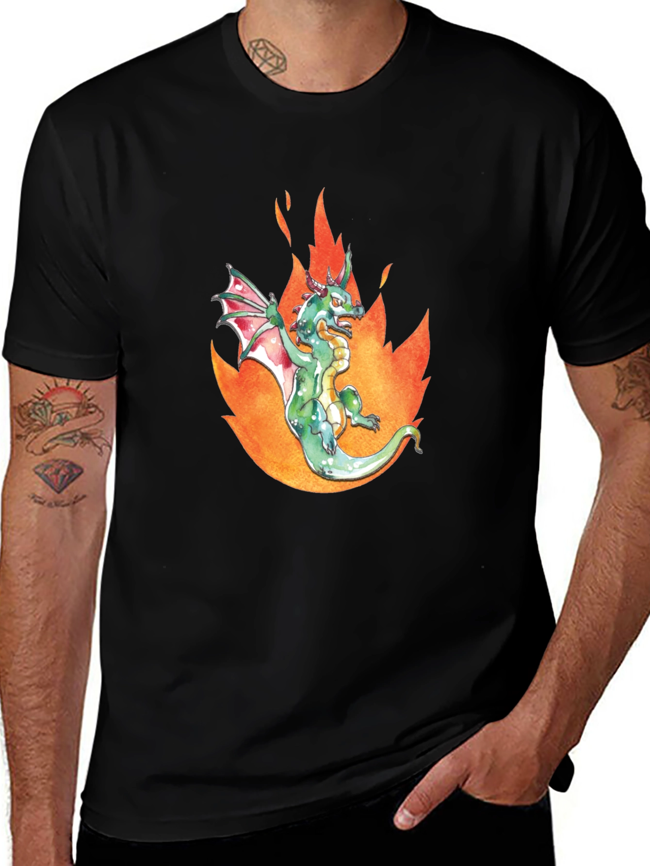 Dragon in Flames Graphic Tee - Black Cotton T-Shirt