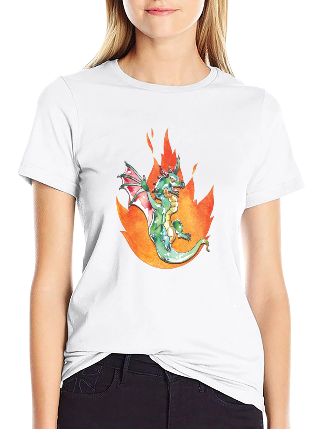 Dragon in Flames Graphic Tee - Black Cotton T-Shirt