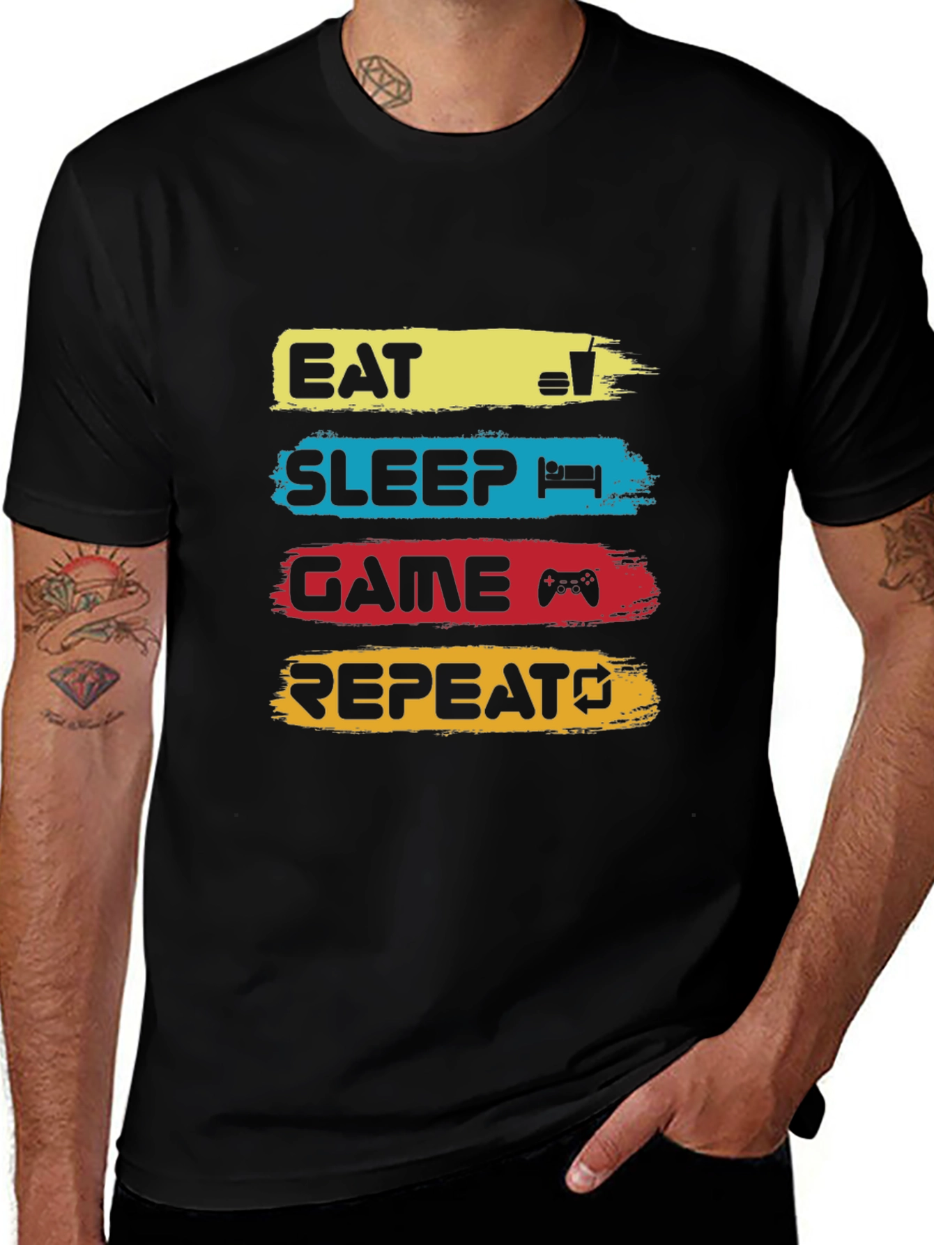 Eat Sleep Game Repeat Black Graphic T-Shirt