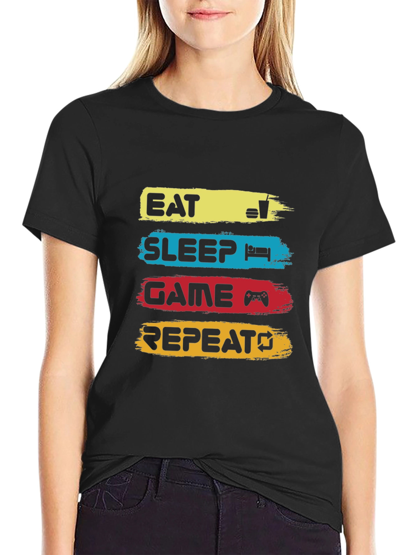 Eat Sleep Game Repeat Black Graphic T-Shirt