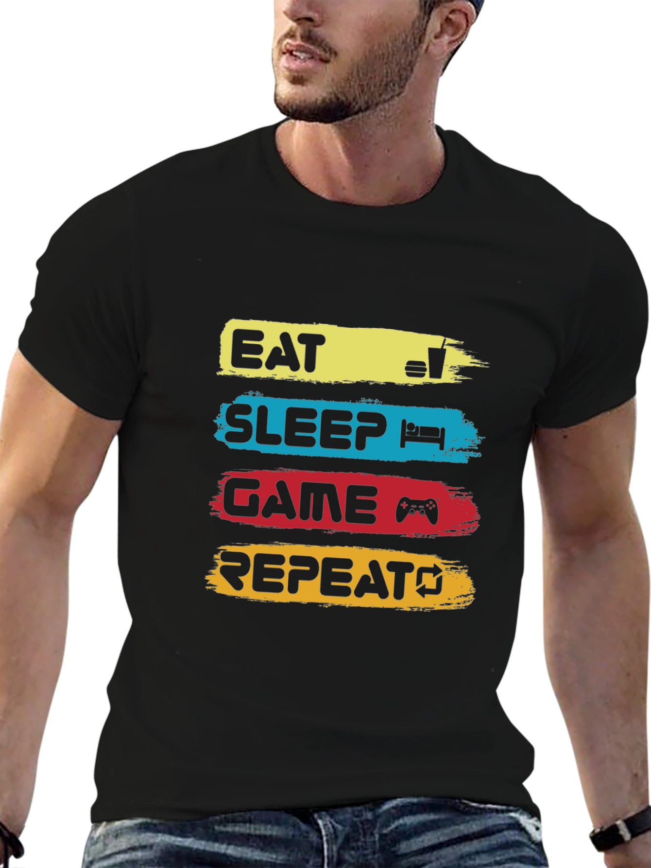 Eat Sleep Game Repeat Black Graphic T-Shirt