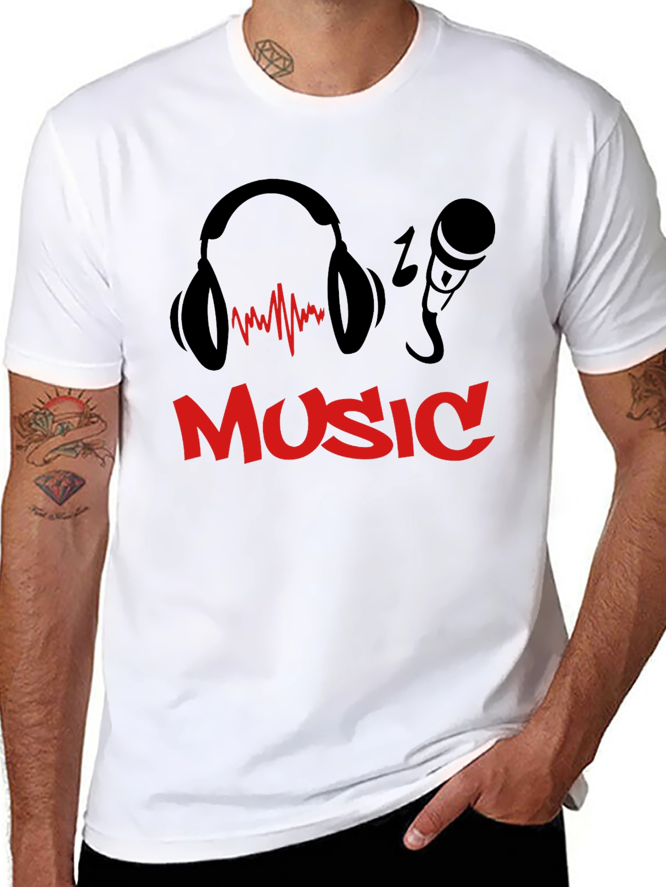 Music T-Shirt - Headphones & Microphone Design - Black