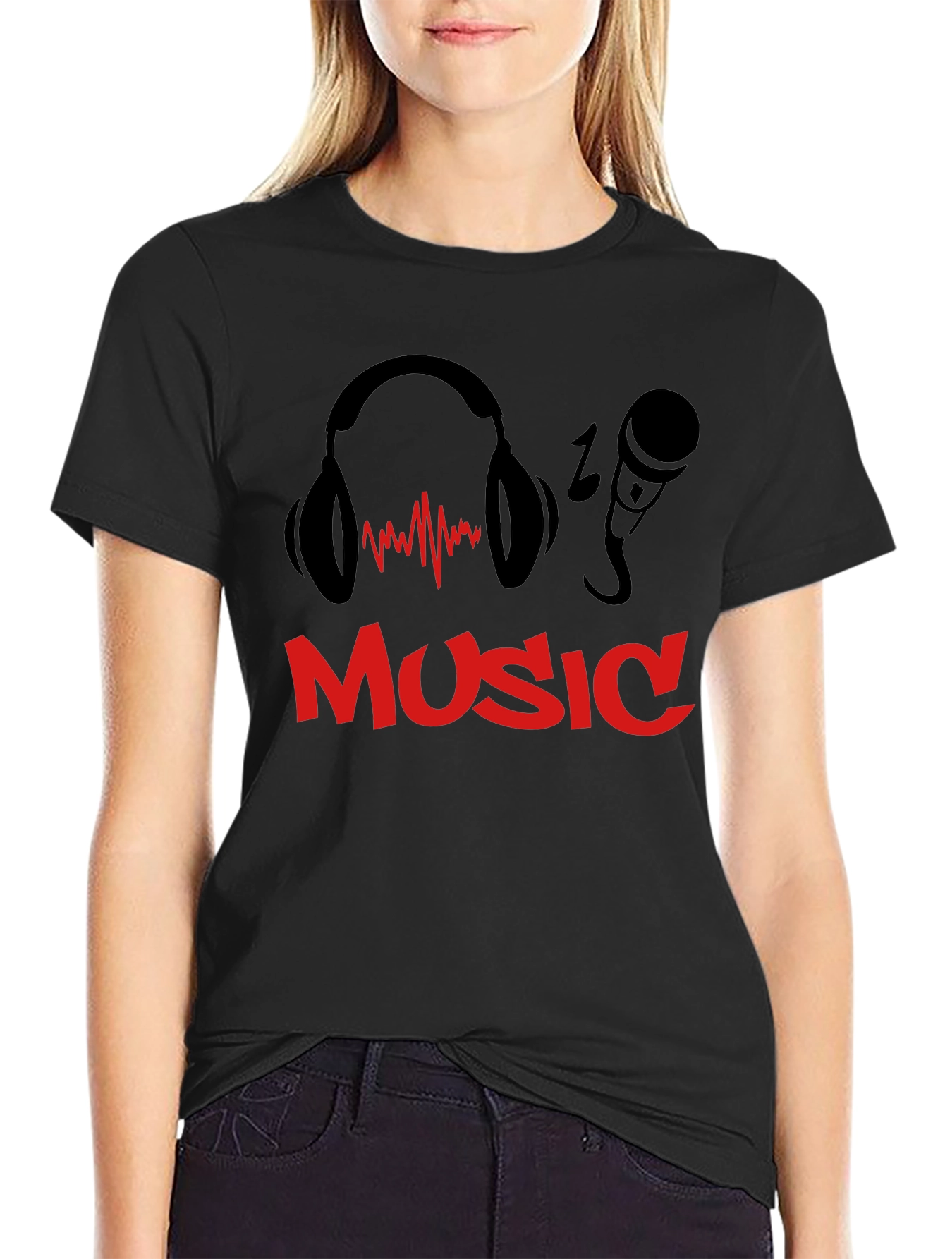 Music T-Shirt - Headphones & Microphone Design - Black