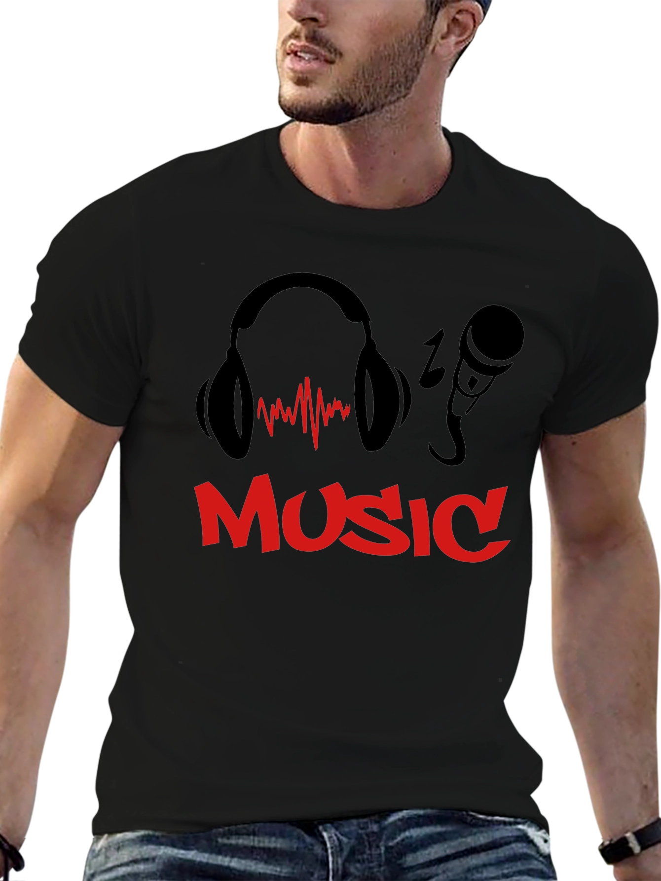 Music T-Shirt - Headphones & Microphone Design - Black