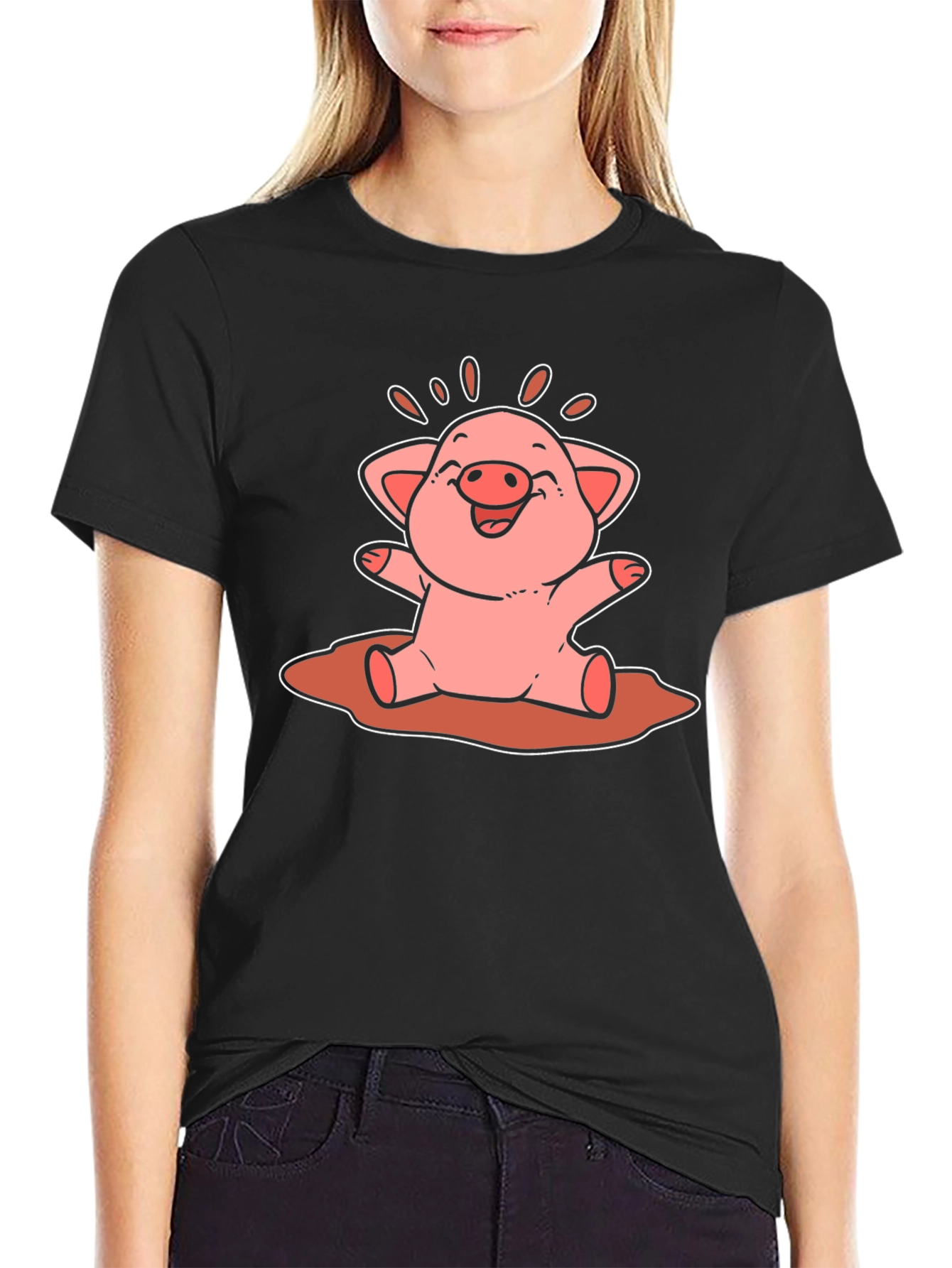 Cute Pig Cartoon Graphic Tee - Unisex Black T-Shirt