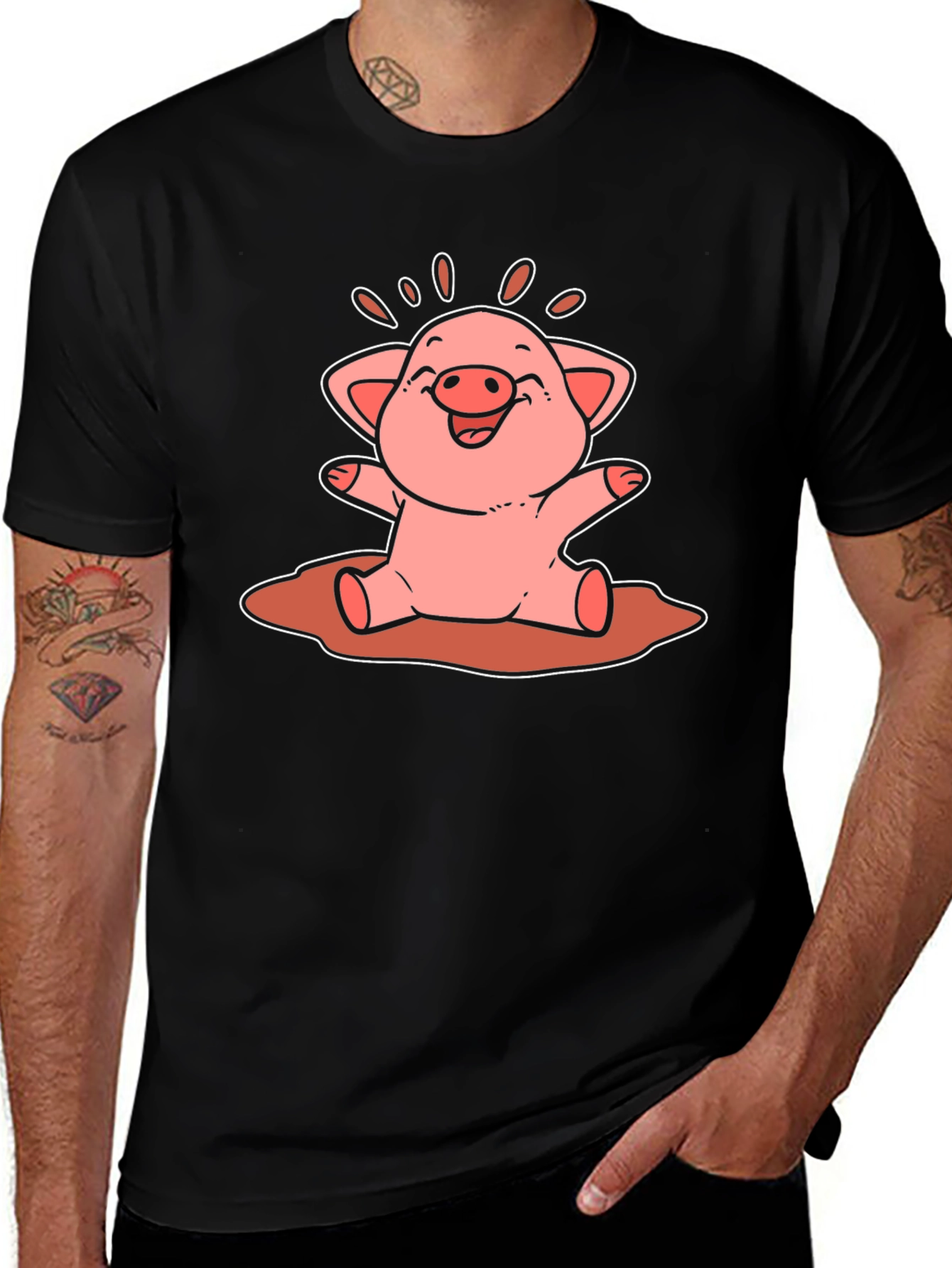 Cute Pig Cartoon Graphic Tee - Unisex Black T-Shirt