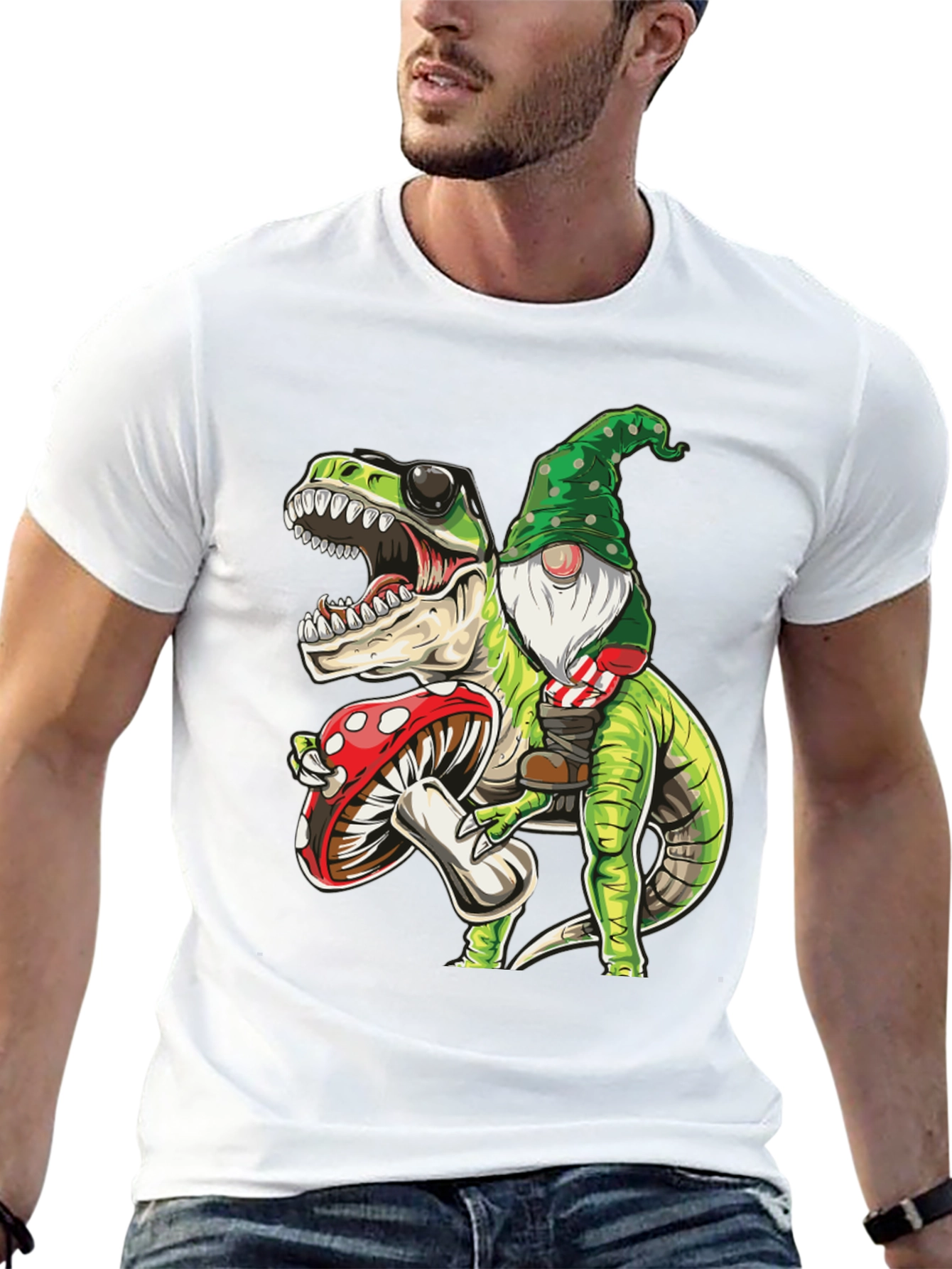 Gnome Riding T-Rex Graphic Tee - Fun Novelty Shirt