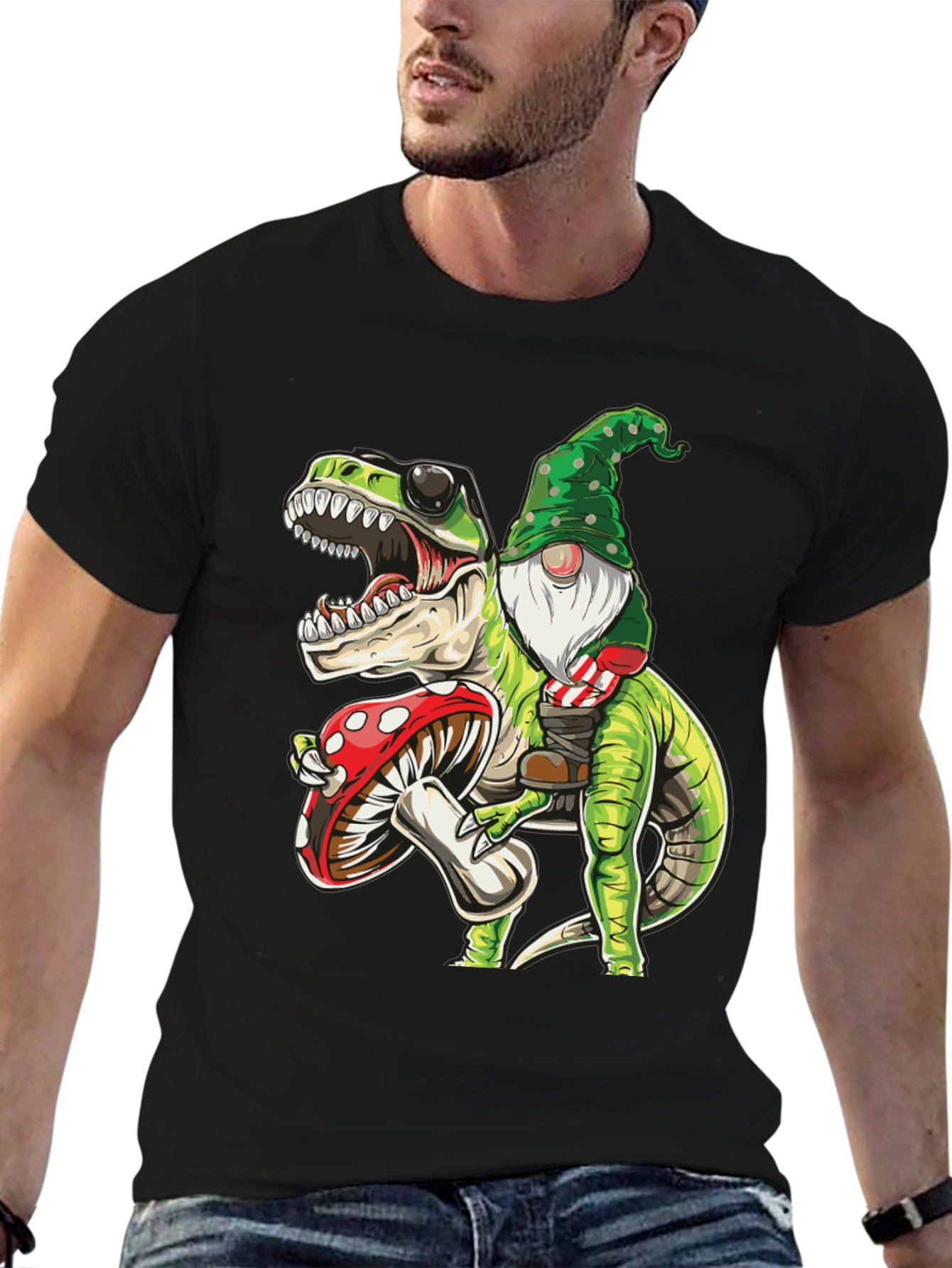 Gnome Riding T-Rex Graphic Tee - Fun Novelty Shirt