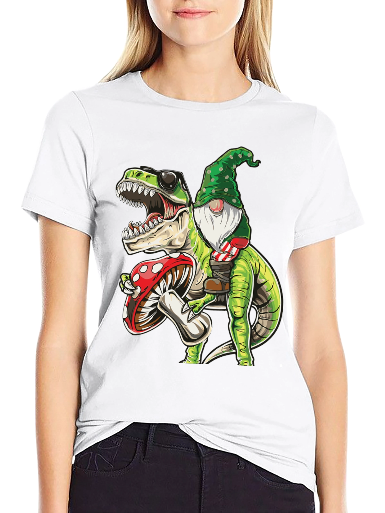 Gnome Riding T-Rex Graphic Tee - Fun Novelty Shirt